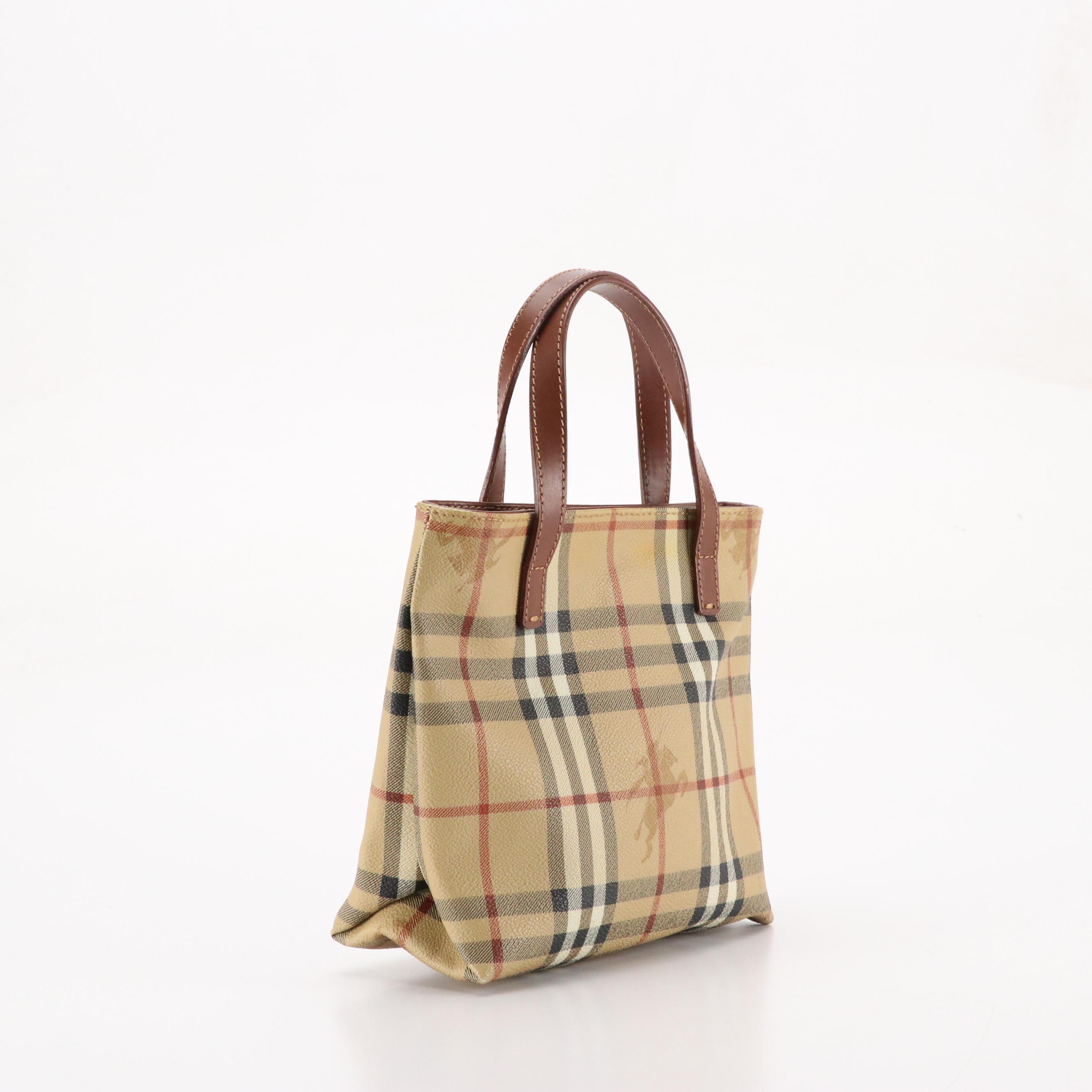 Burberrys Mini Tote in Haymarket Check Canvas and Brown Leather Handles