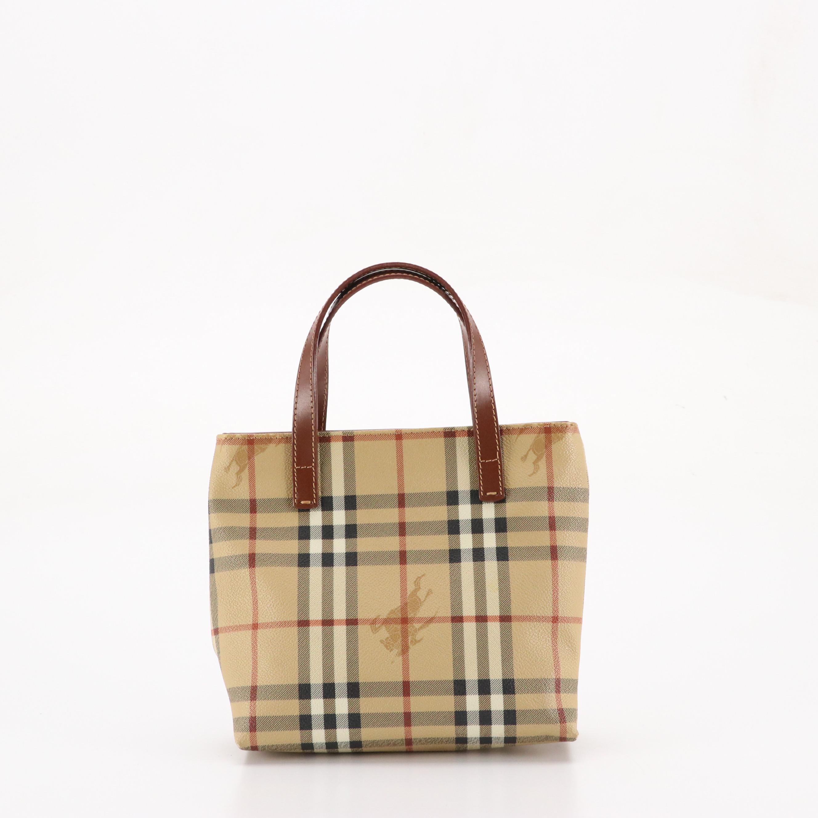 Burberrys Mini Tote in Haymarket Check Canvas and Brown Leather Handles
