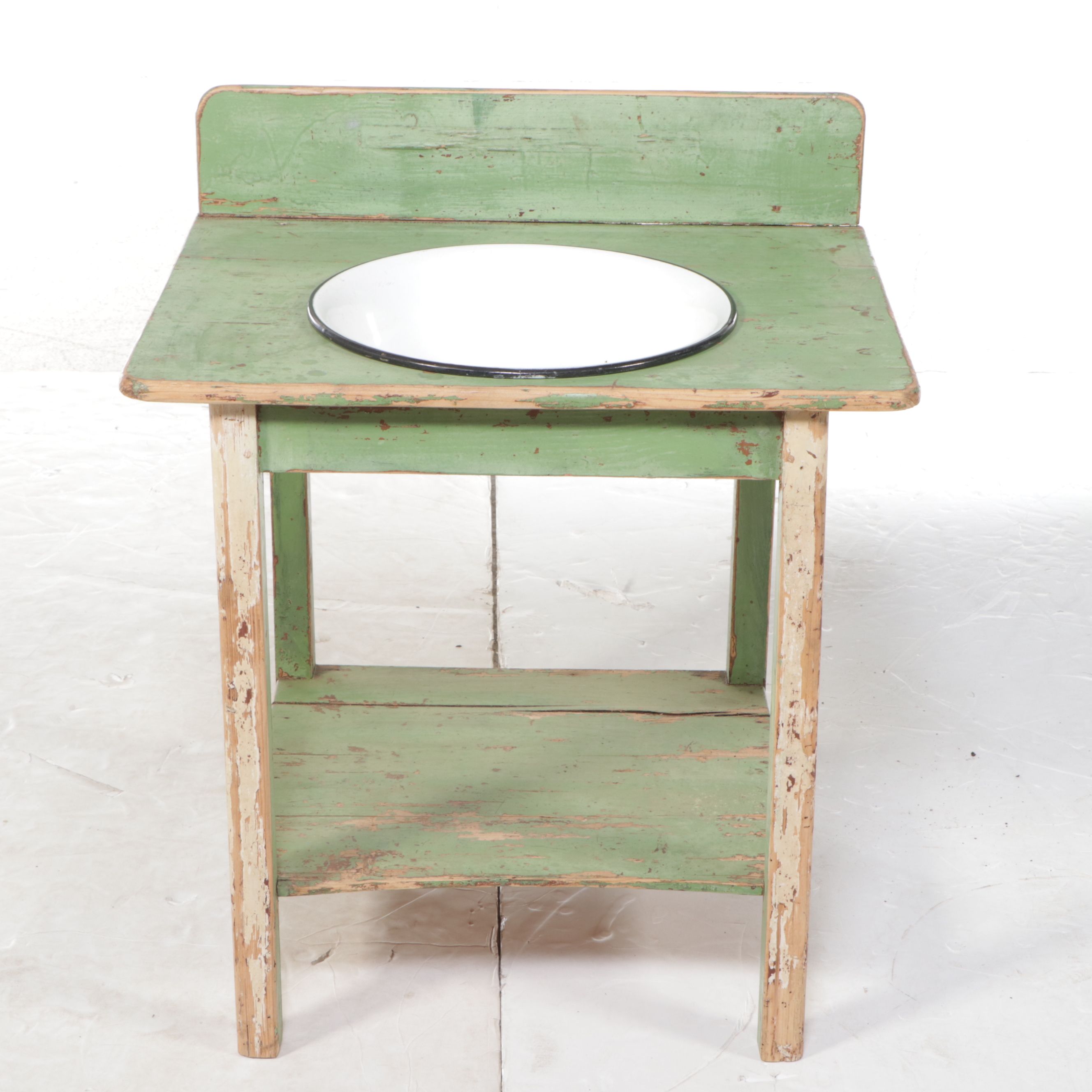 Green Painted Wood Washstand with Enamel Bowl