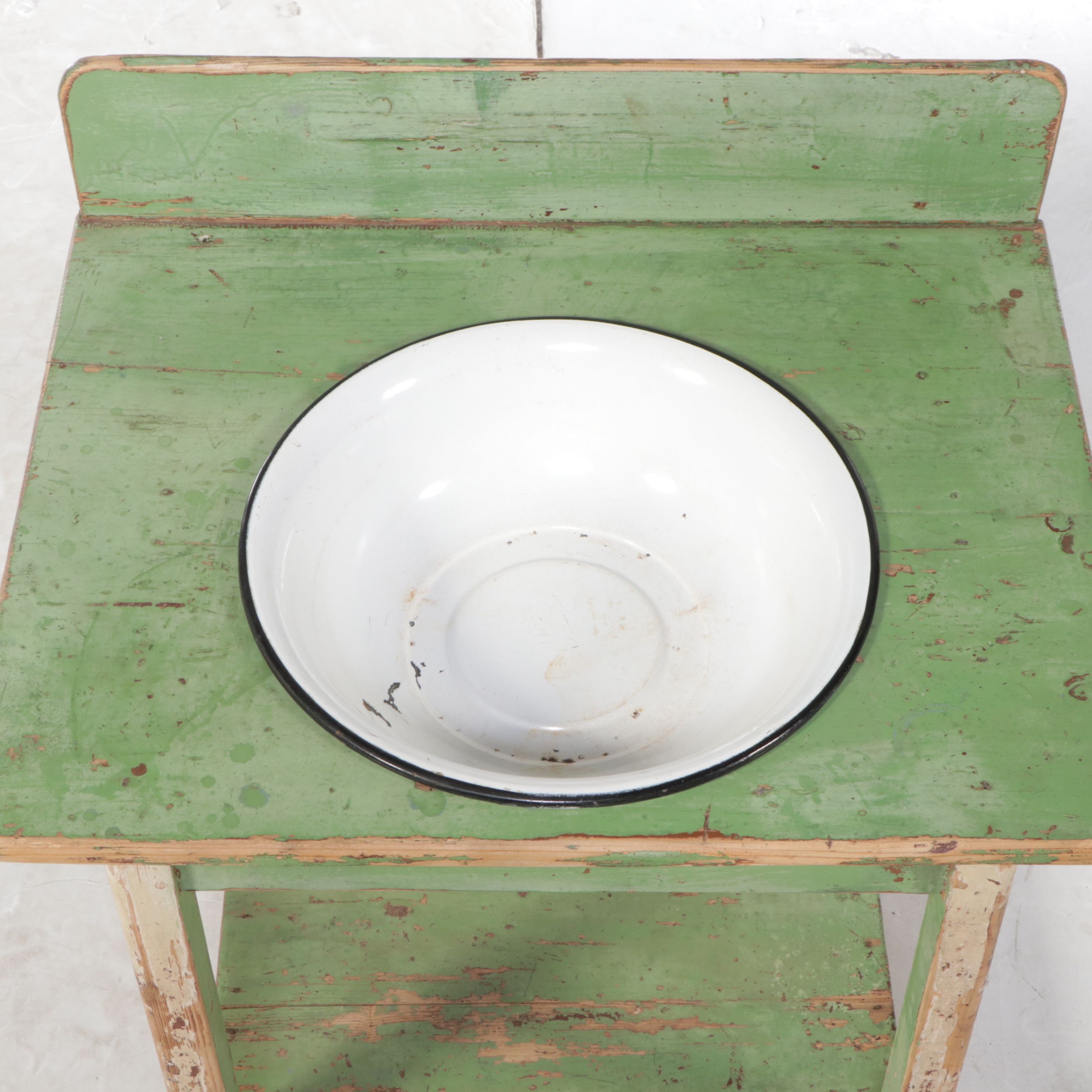 Green Painted Wood Washstand with Enamel Bowl