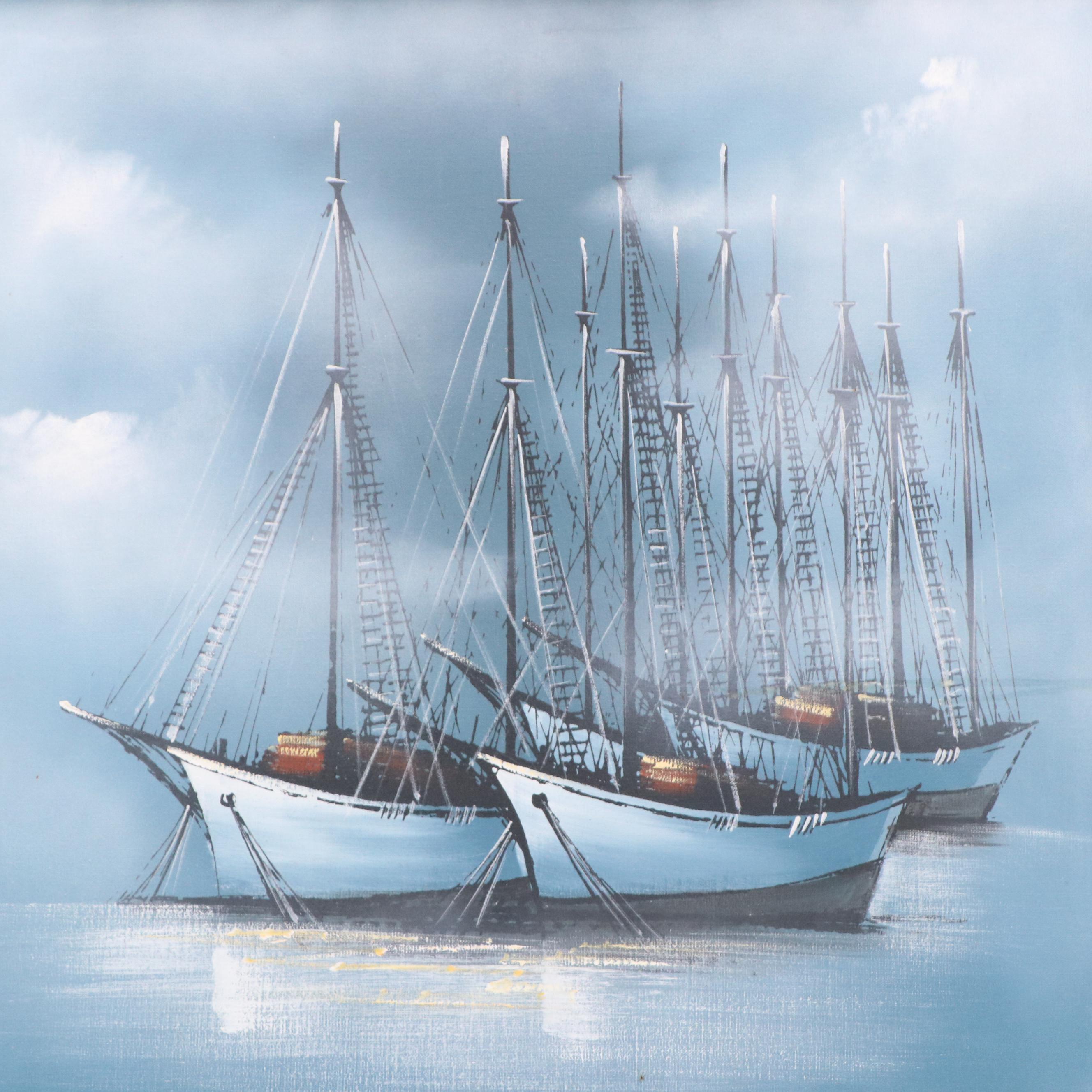 Maritime Oil Painting of Sailing Ships, Late 20th Century