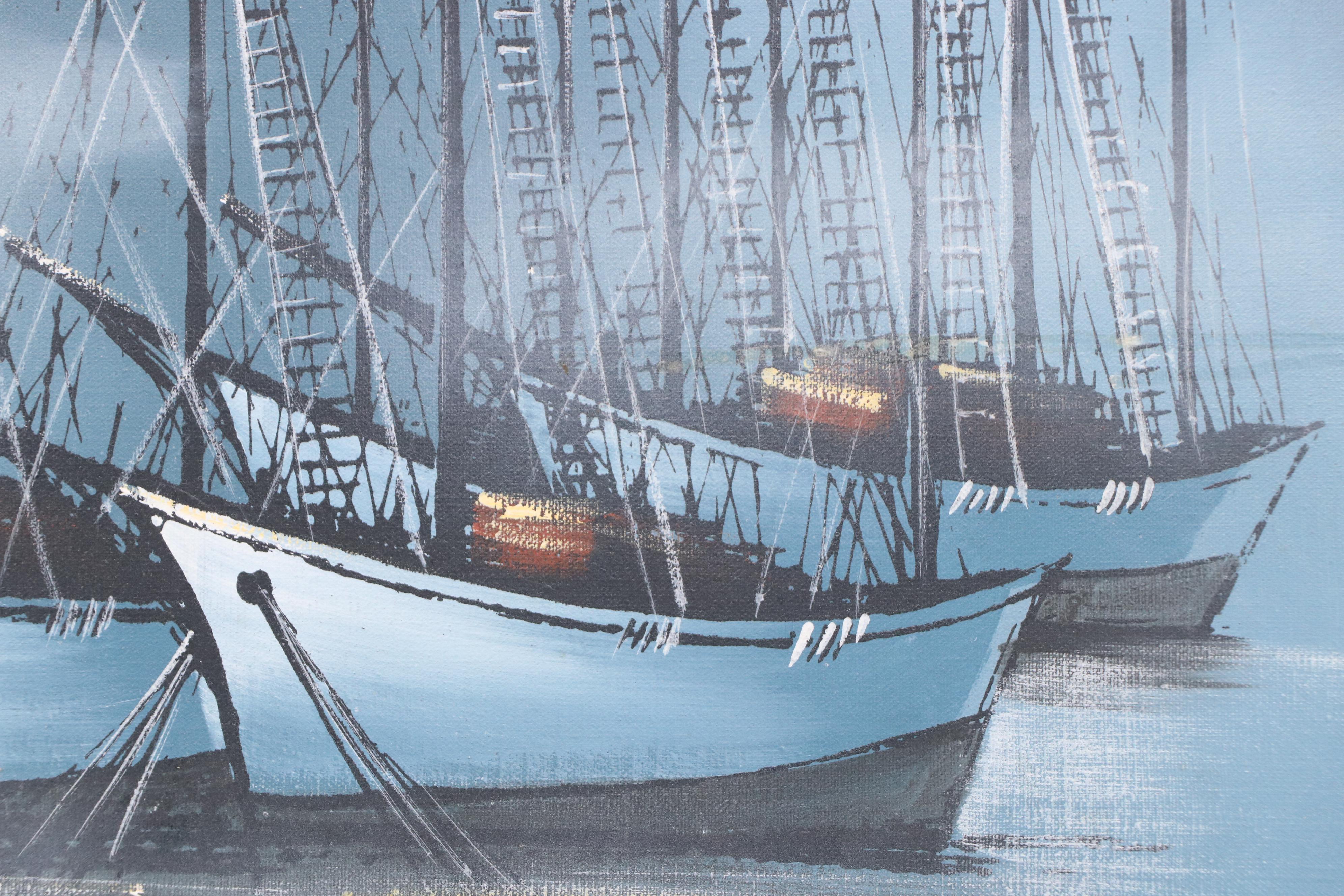 Maritime Oil Painting of Sailing Ships, Late 20th Century