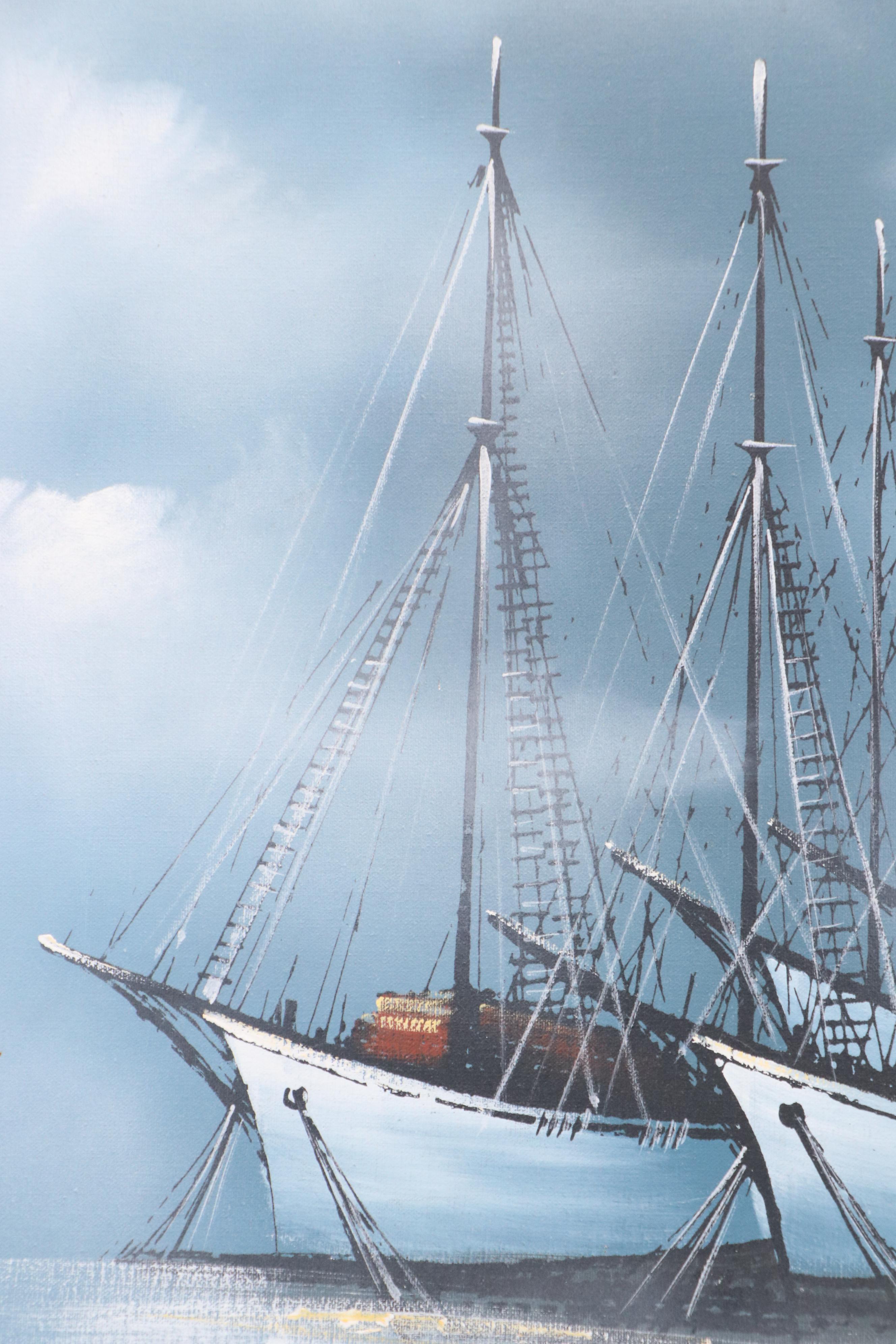 Maritime Oil Painting of Sailing Ships, Late 20th Century