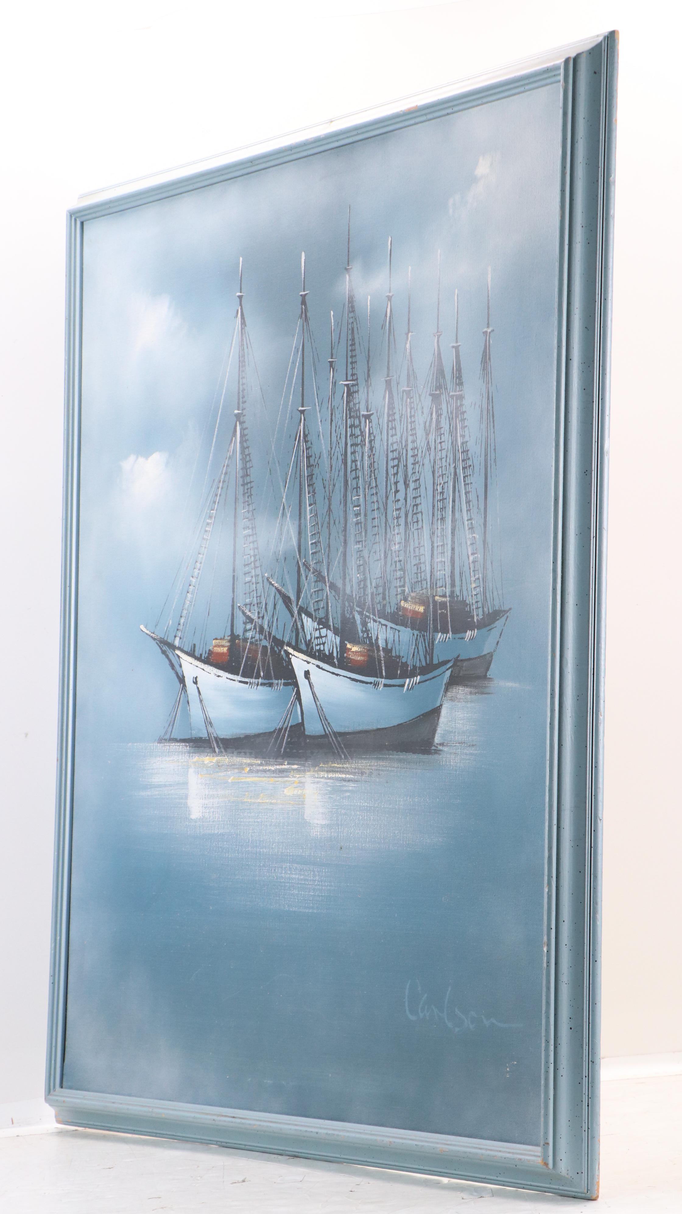 Maritime Oil Painting of Sailing Ships, Late 20th Century
