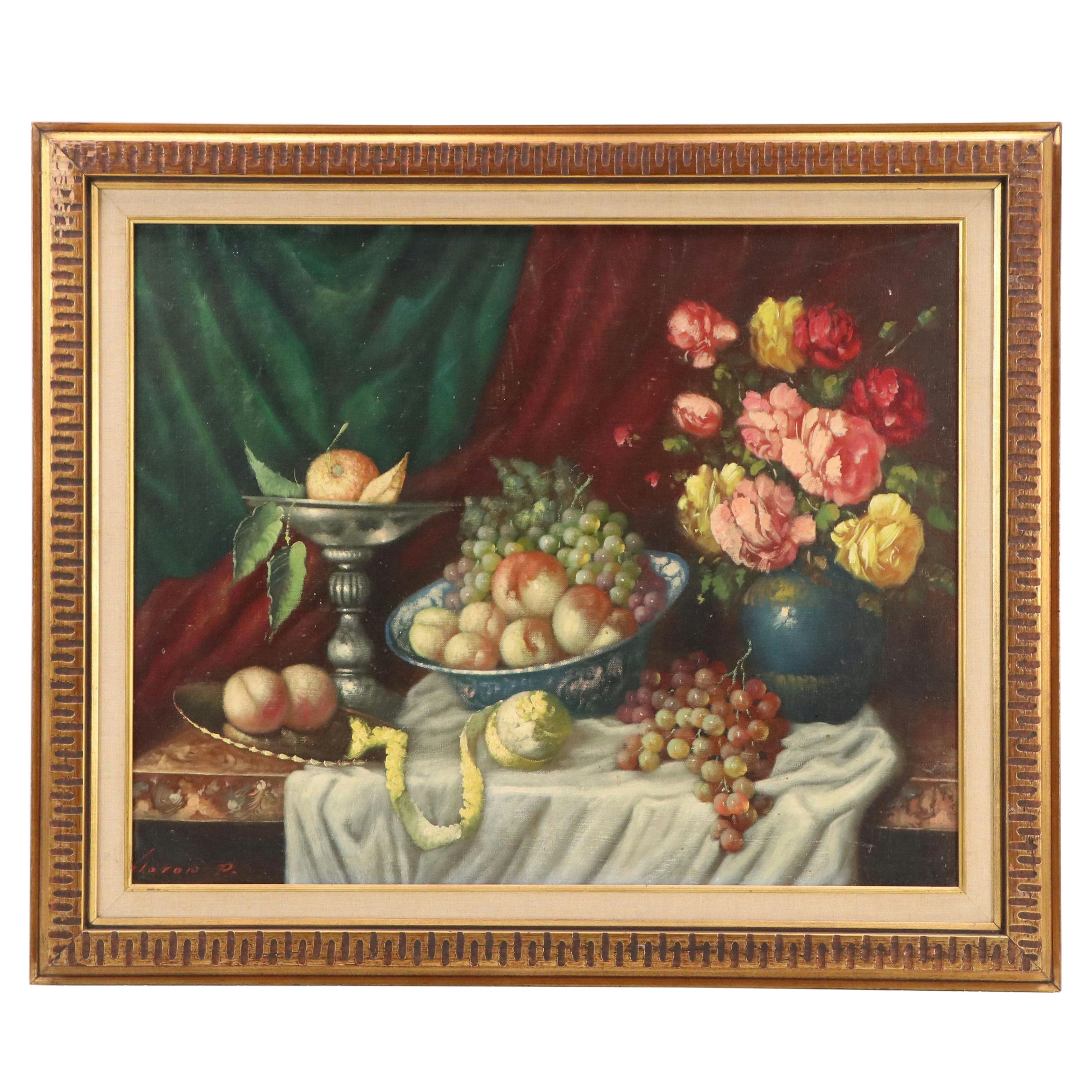 Floral Still Life Oil Painting with Fruit, Late 20th Century