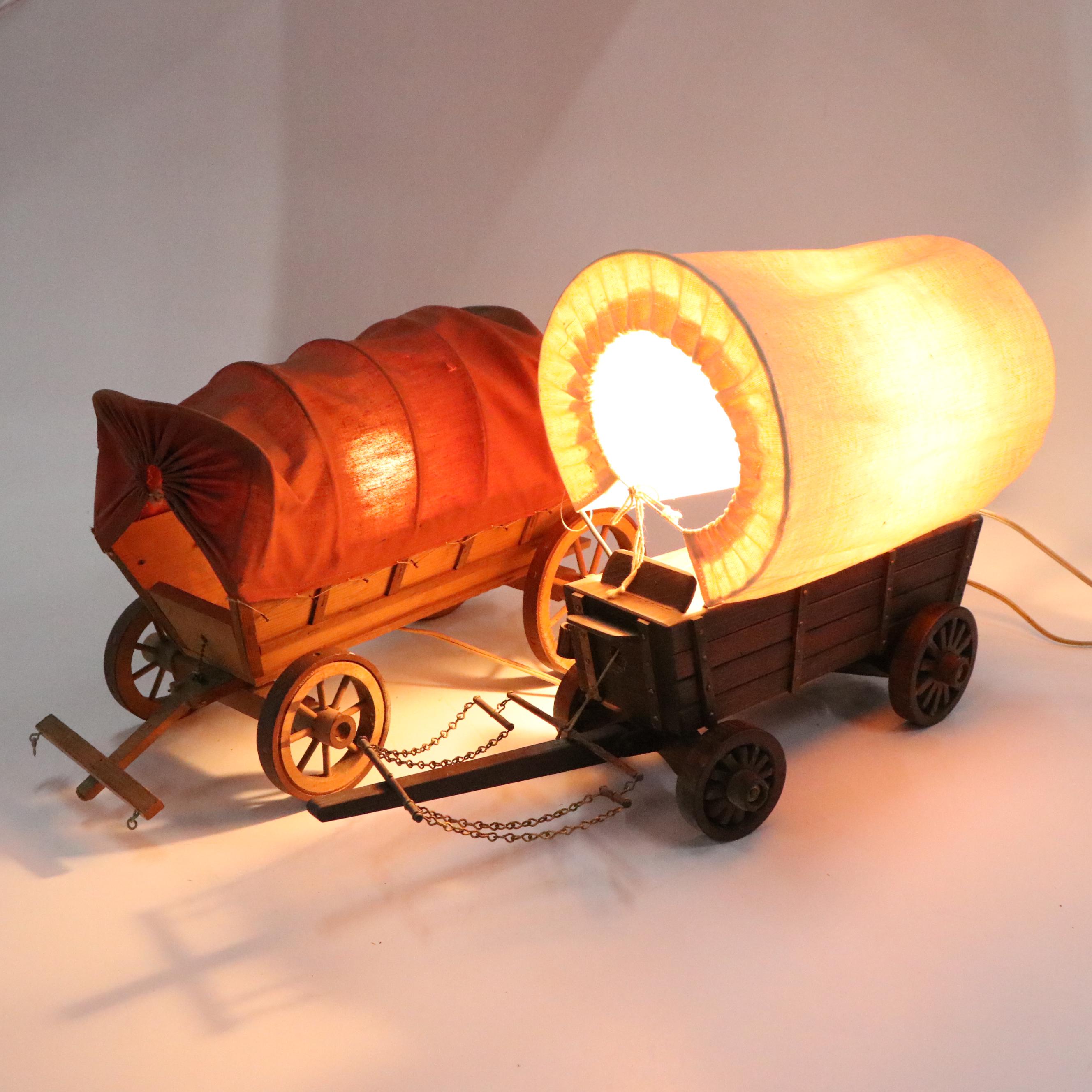 Handmade Conestoga Wagon Lamps with Bison Figurine