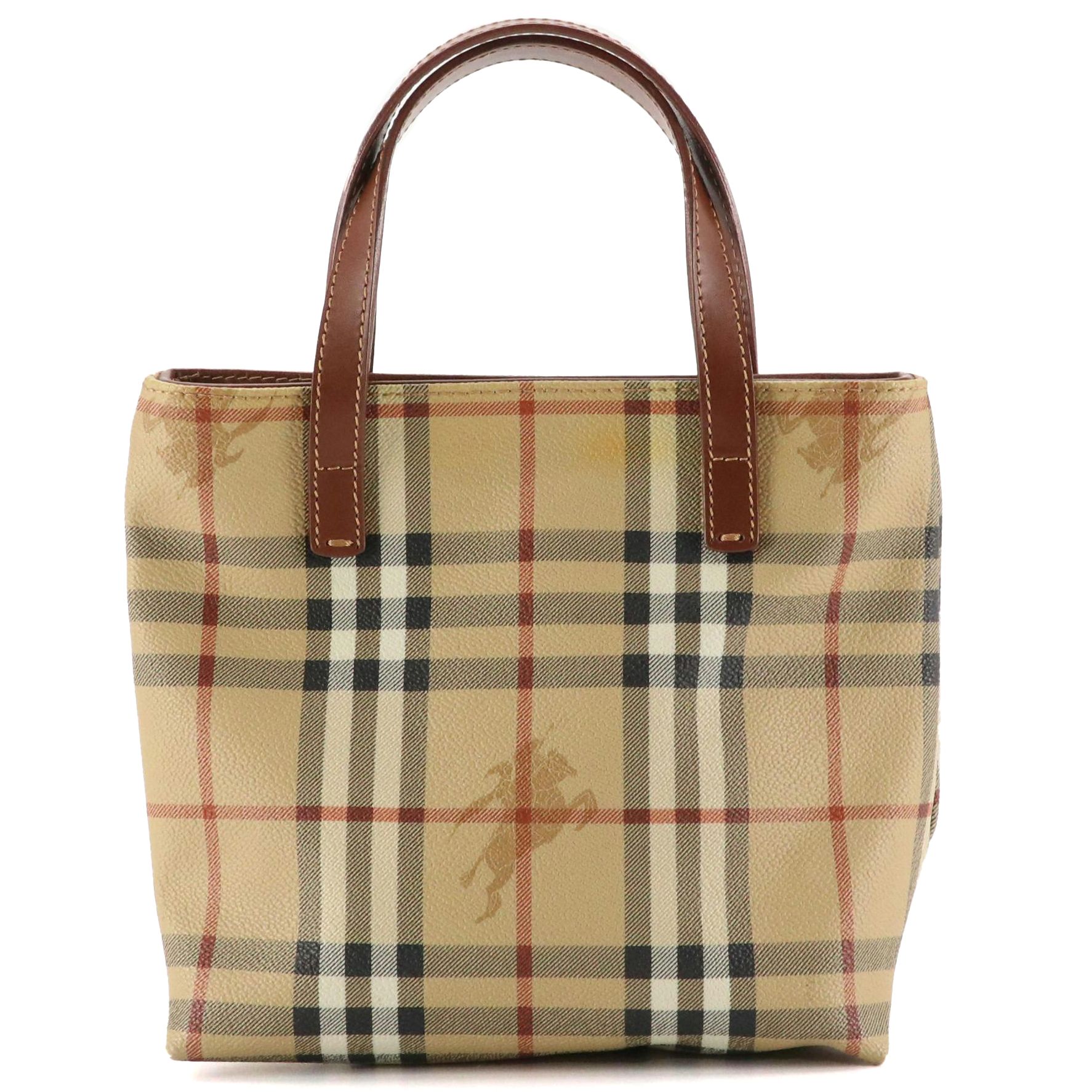 Burberrys Mini Tote in Haymarket Check Canvas and Brown Leather Handles
