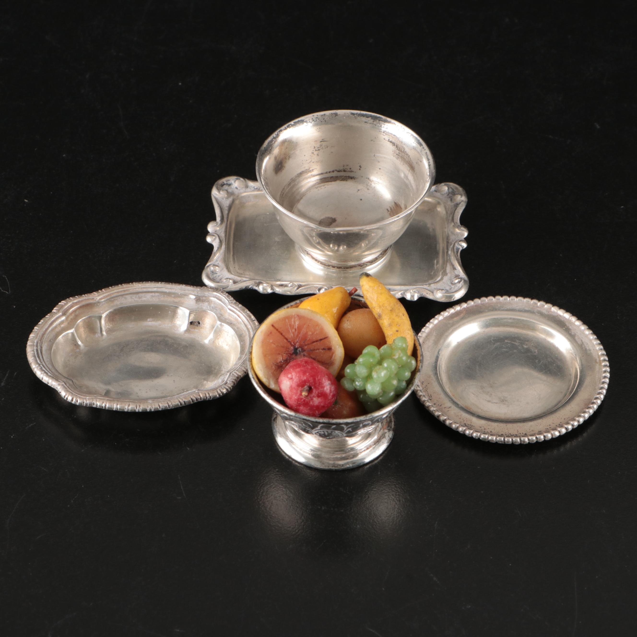 Miniature Sterling Silver Trays and Bowls with Wax Fruit