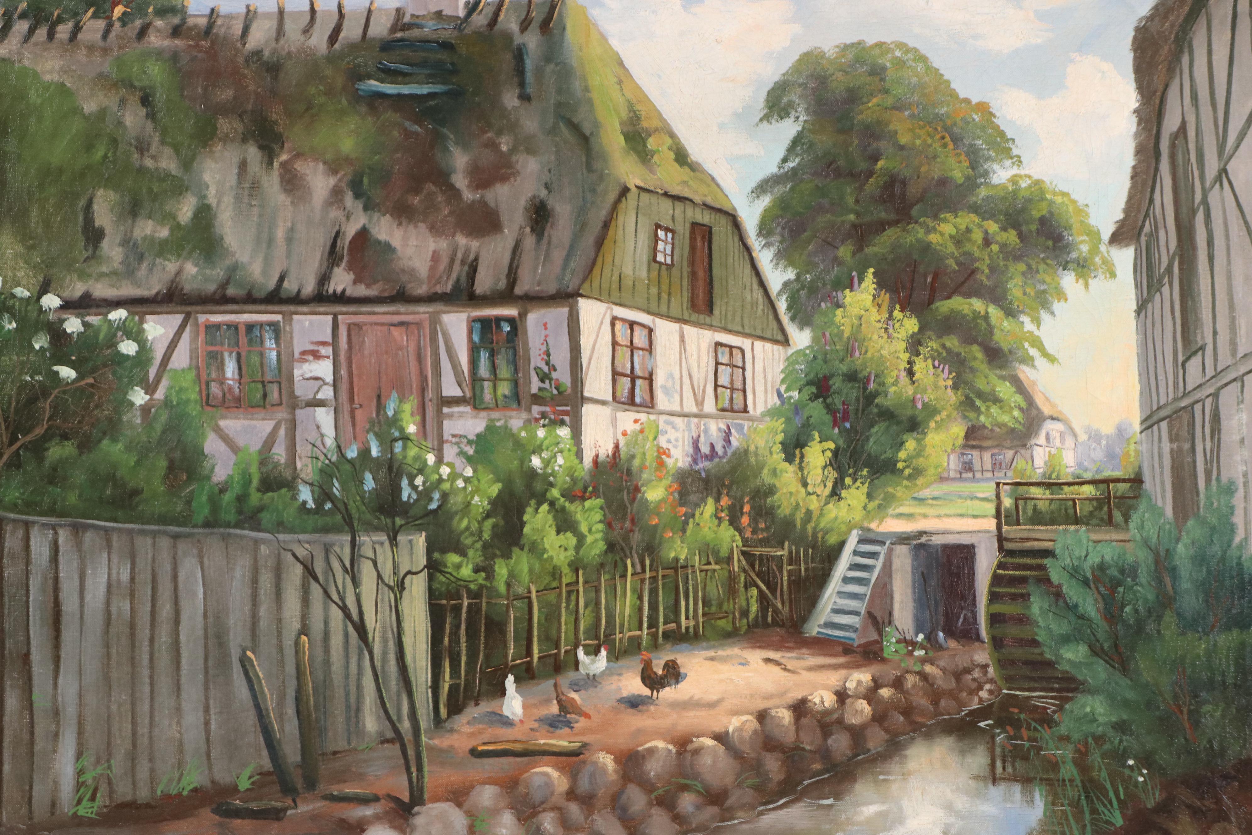 European Landscape Oil Painting of Farm Scene, Mid-20th Century