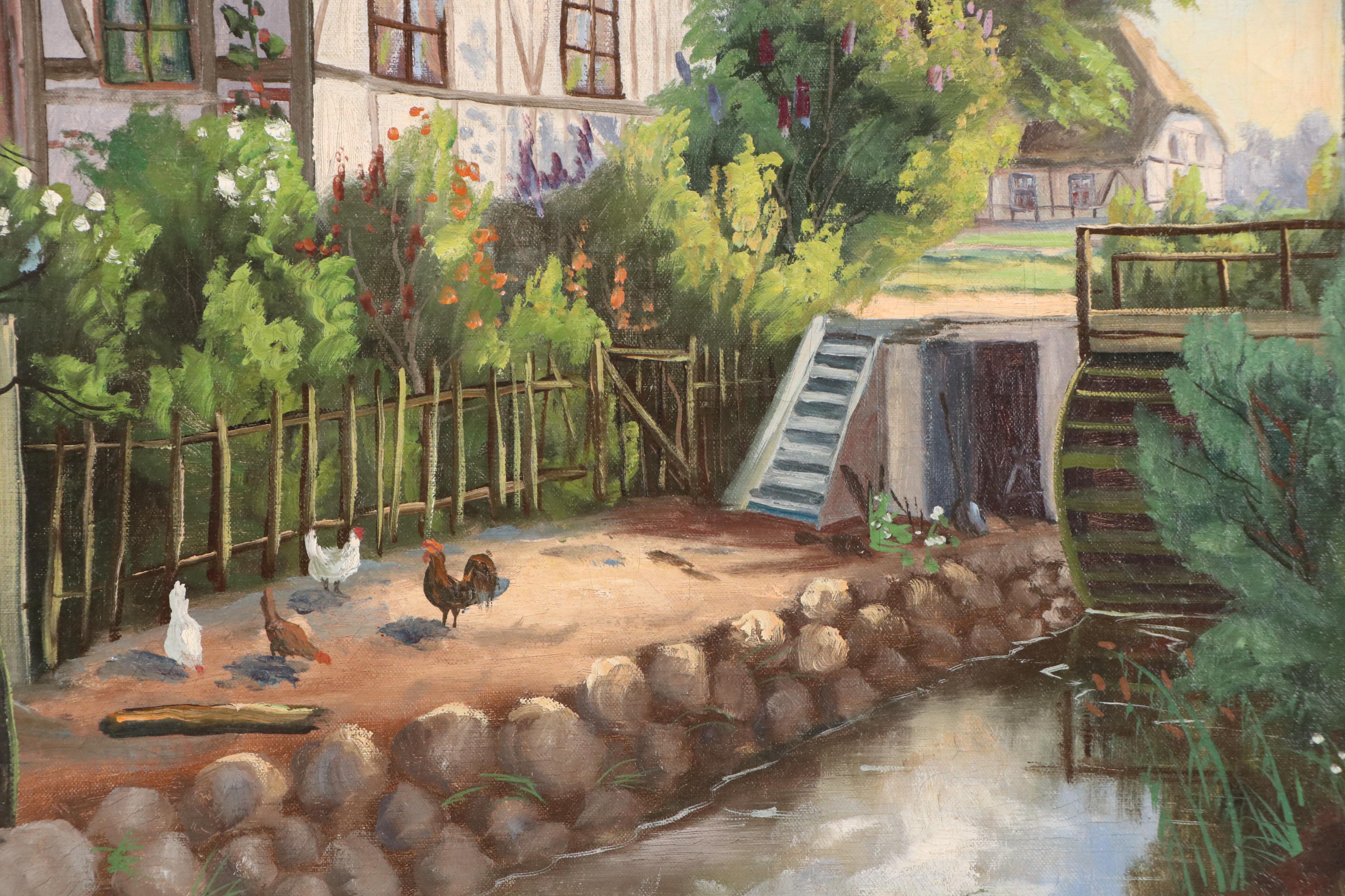 European Landscape Oil Painting of Farm Scene, Mid-20th Century