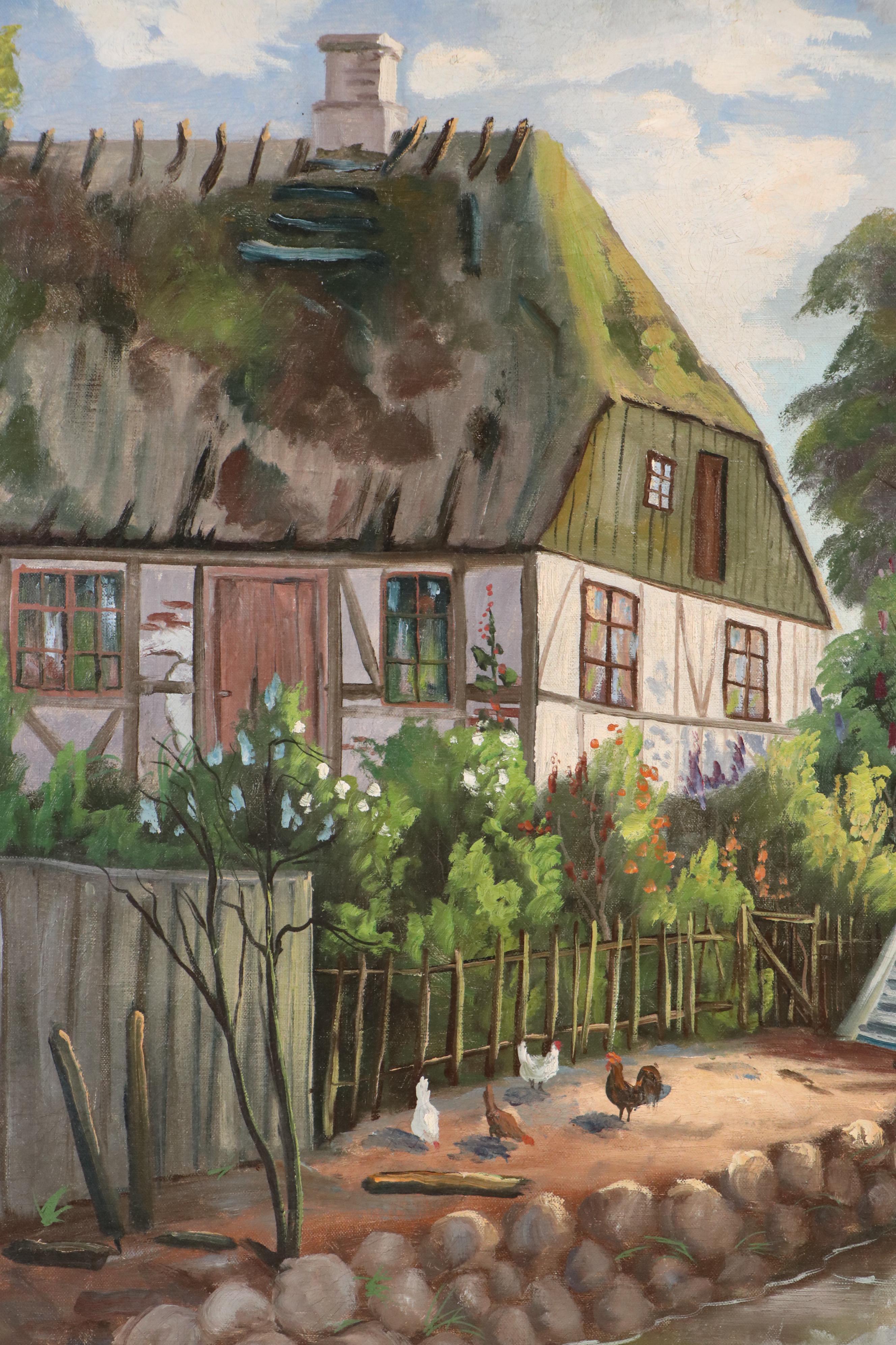 European Landscape Oil Painting of Farm Scene, Mid-20th Century