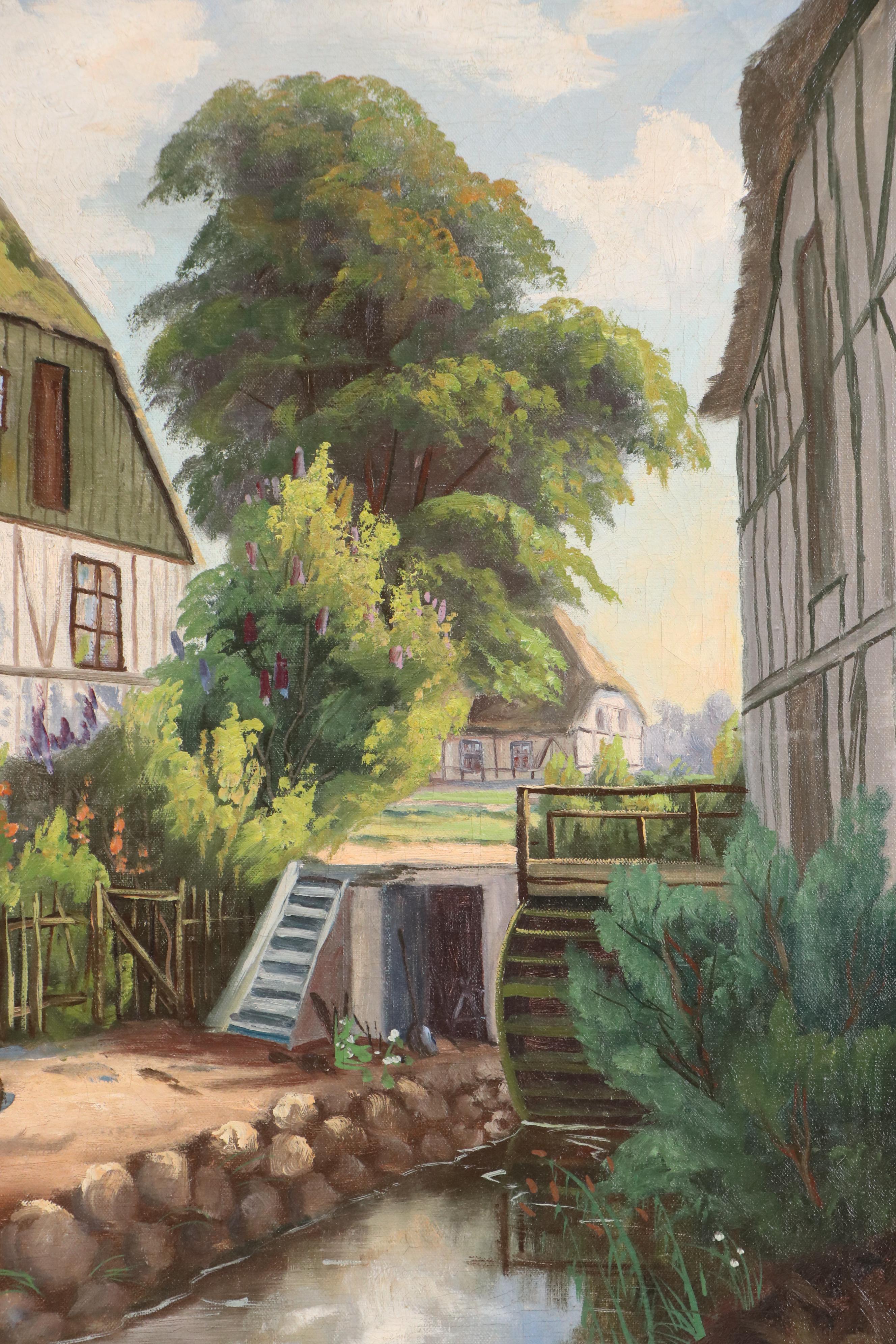 European Landscape Oil Painting of Farm Scene, Mid-20th Century