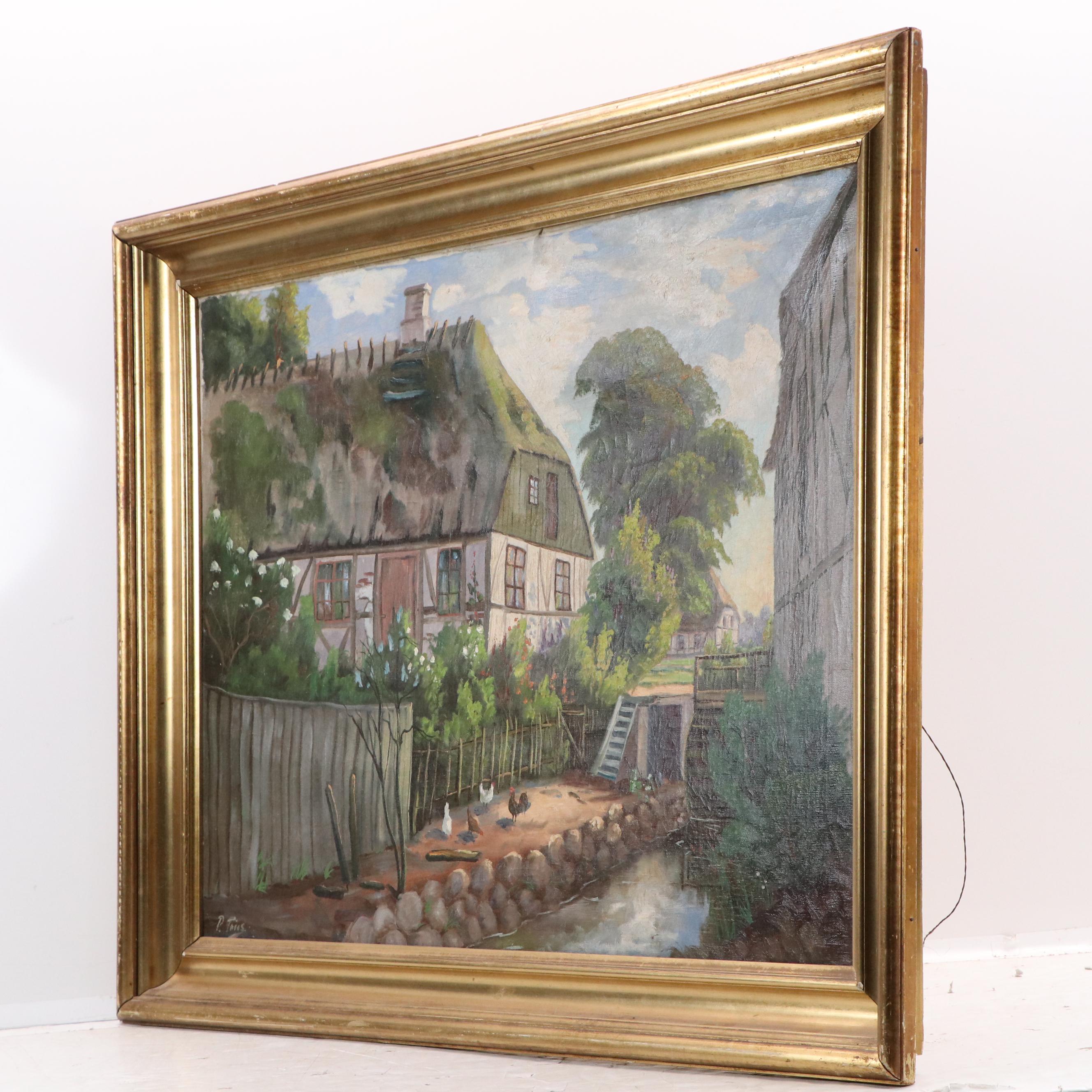 European Landscape Oil Painting of Farm Scene, Mid-20th Century