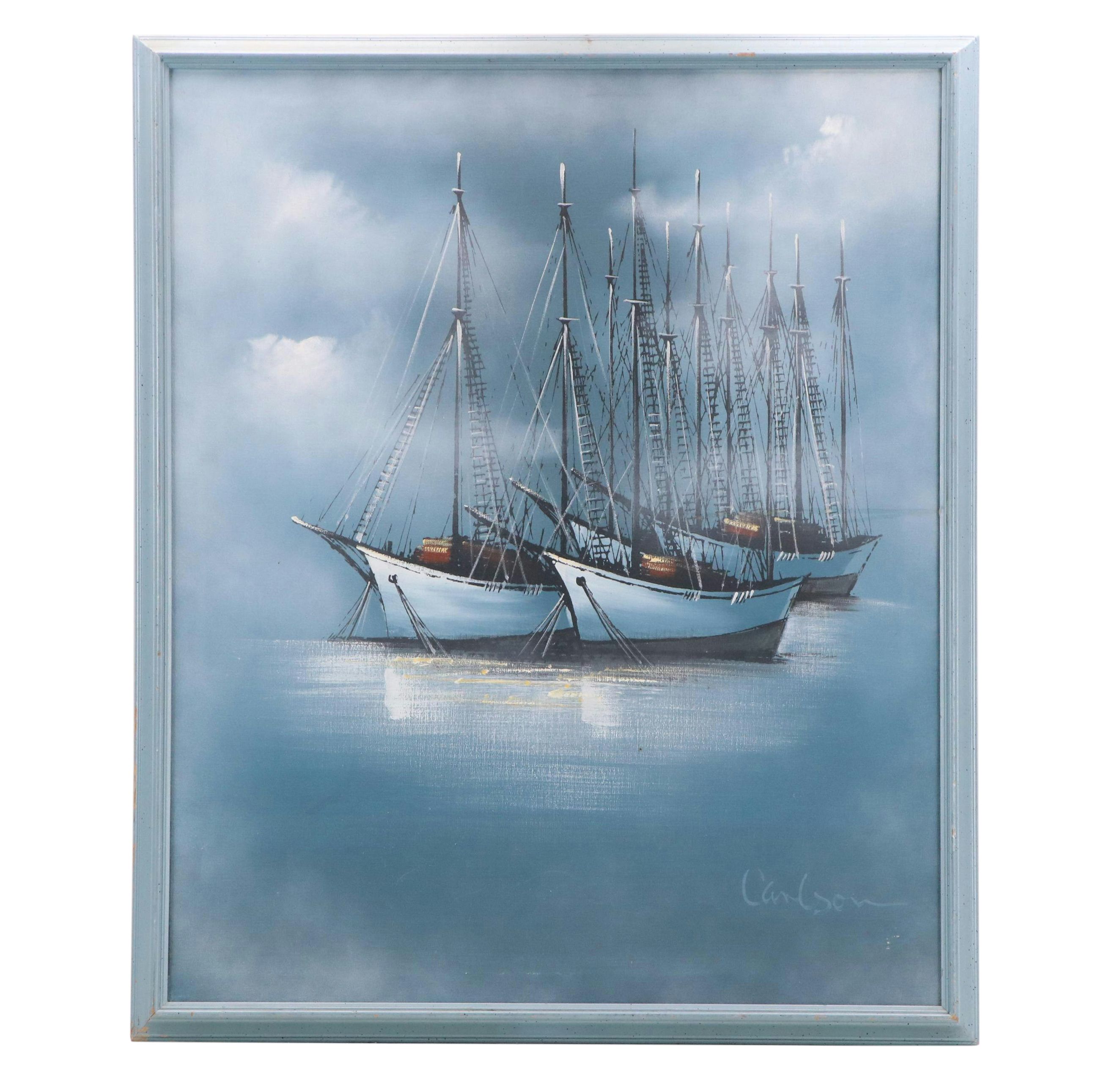 Maritime Oil Painting of Sailing Ships, Late 20th Century