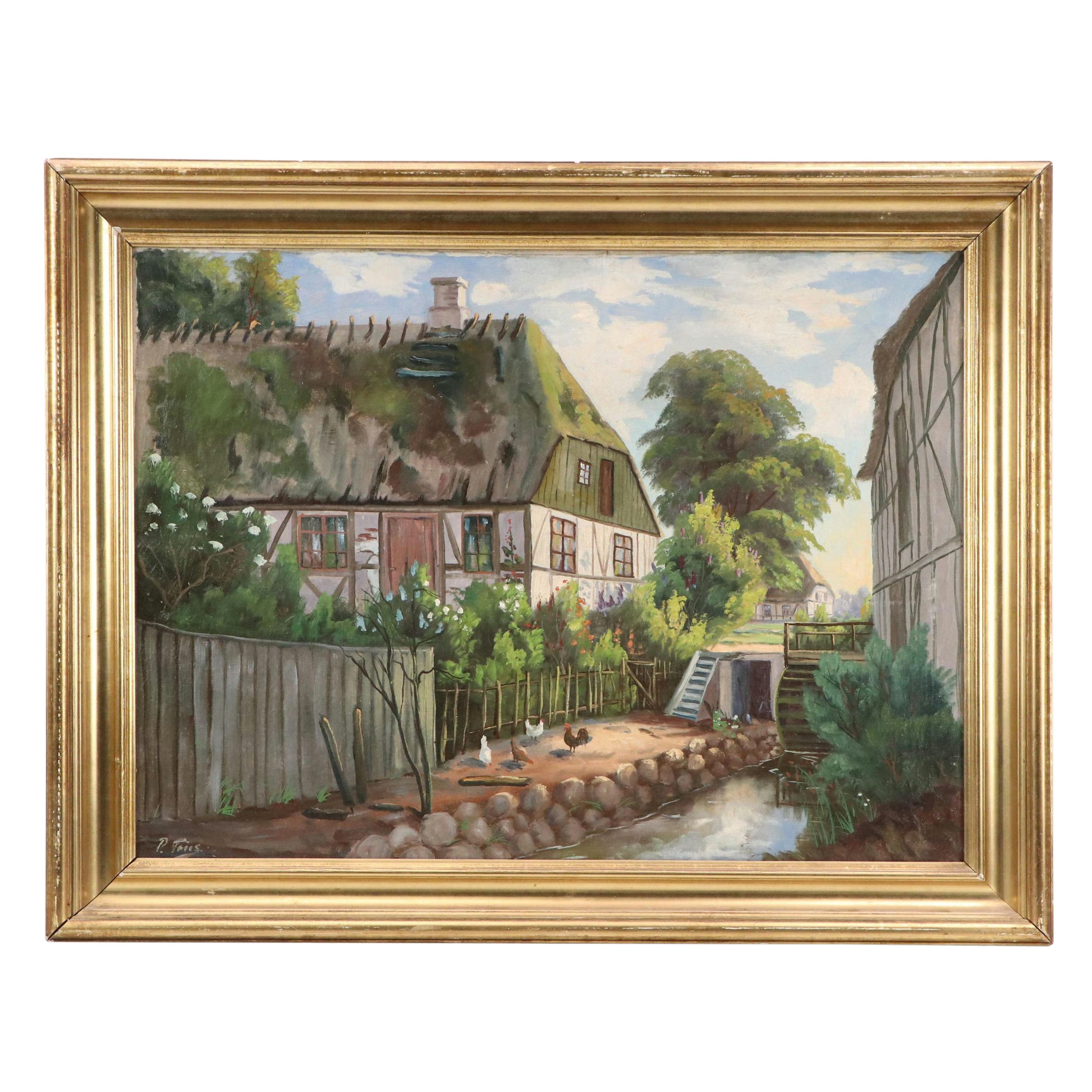 European Landscape Oil Painting of Farm Scene, Mid-20th Century