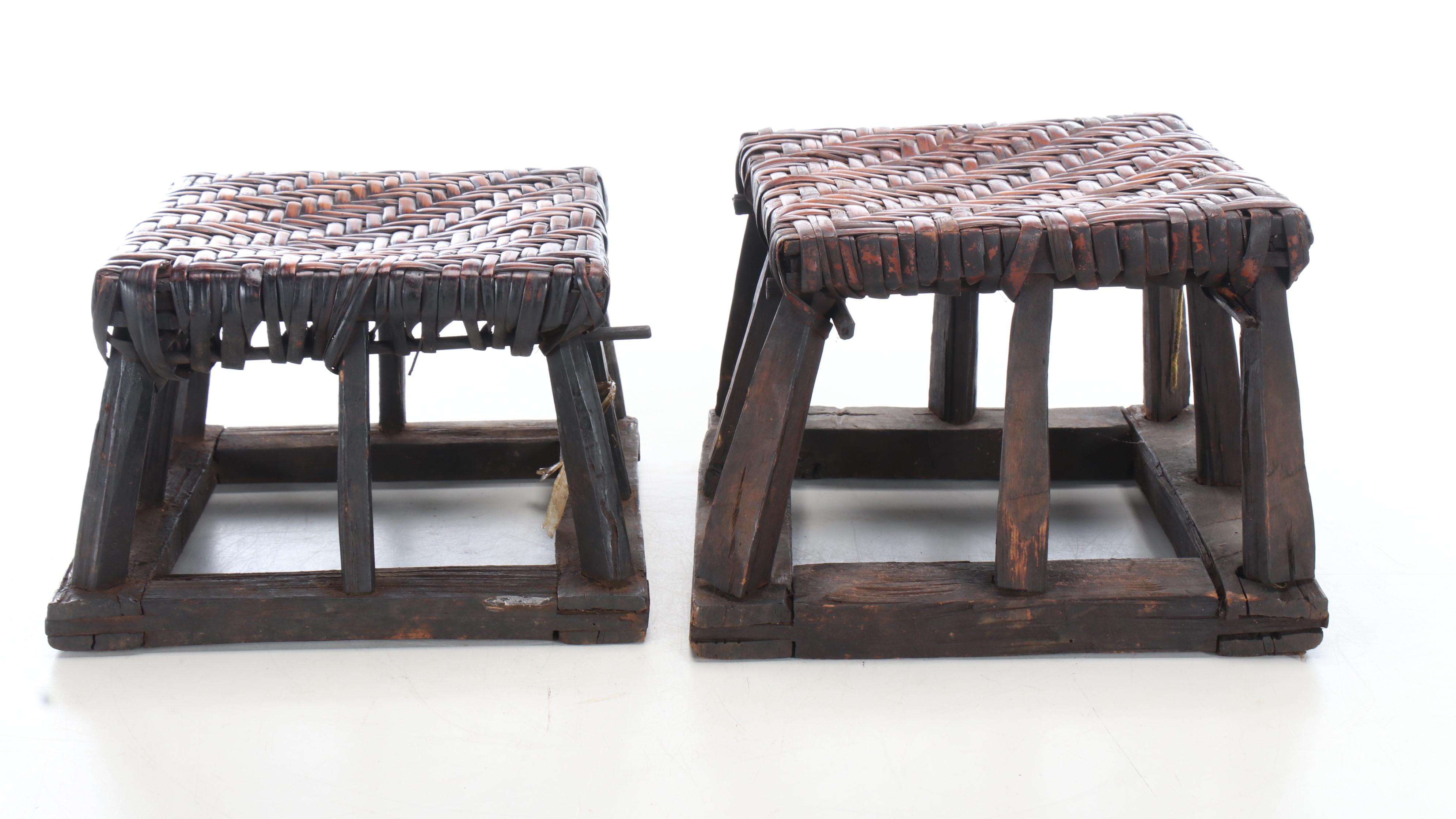 Pair of Wooden Siheyuan Stools with Woven Tops