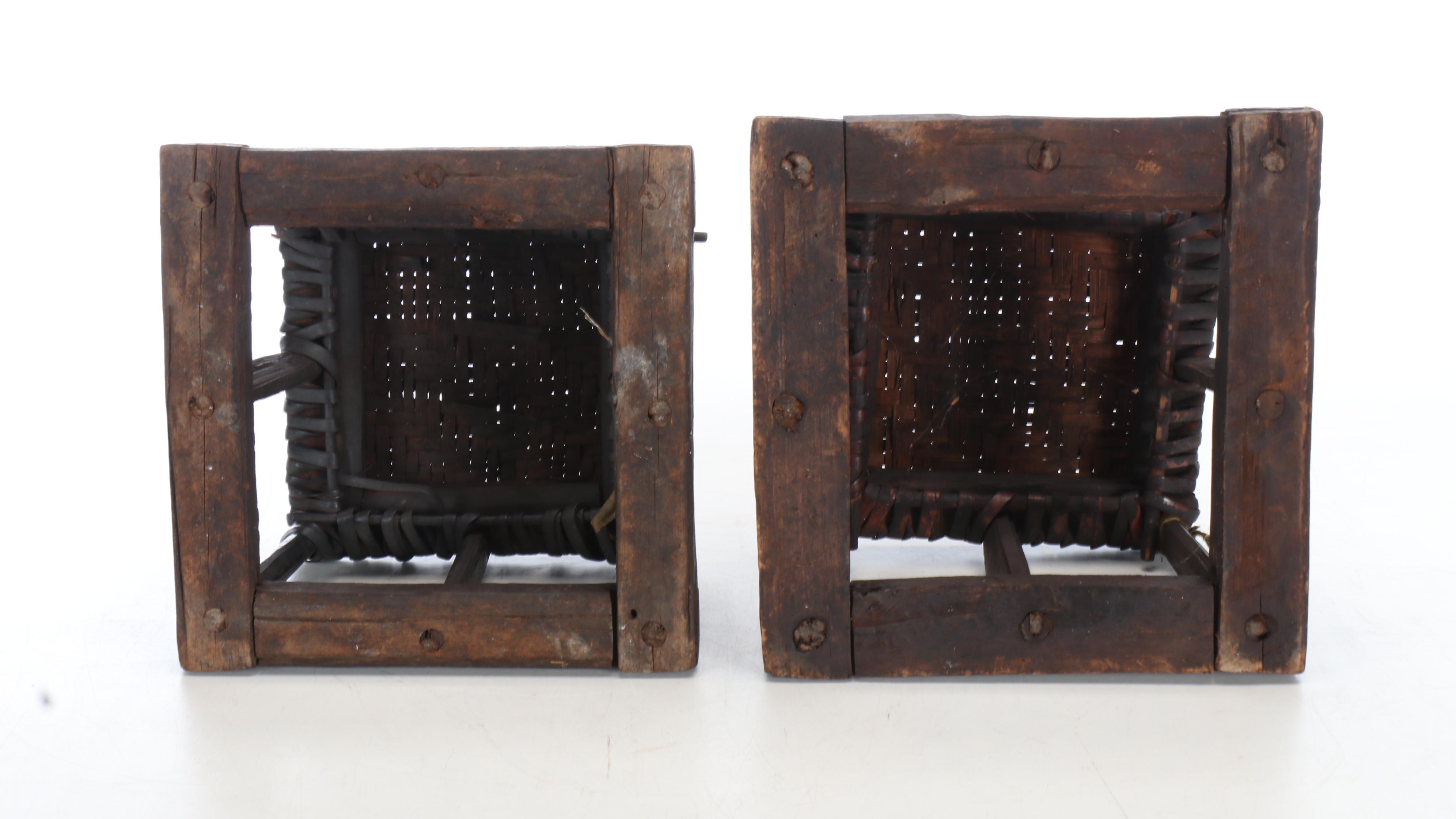 Pair of Wooden Siheyuan Stools with Woven Tops