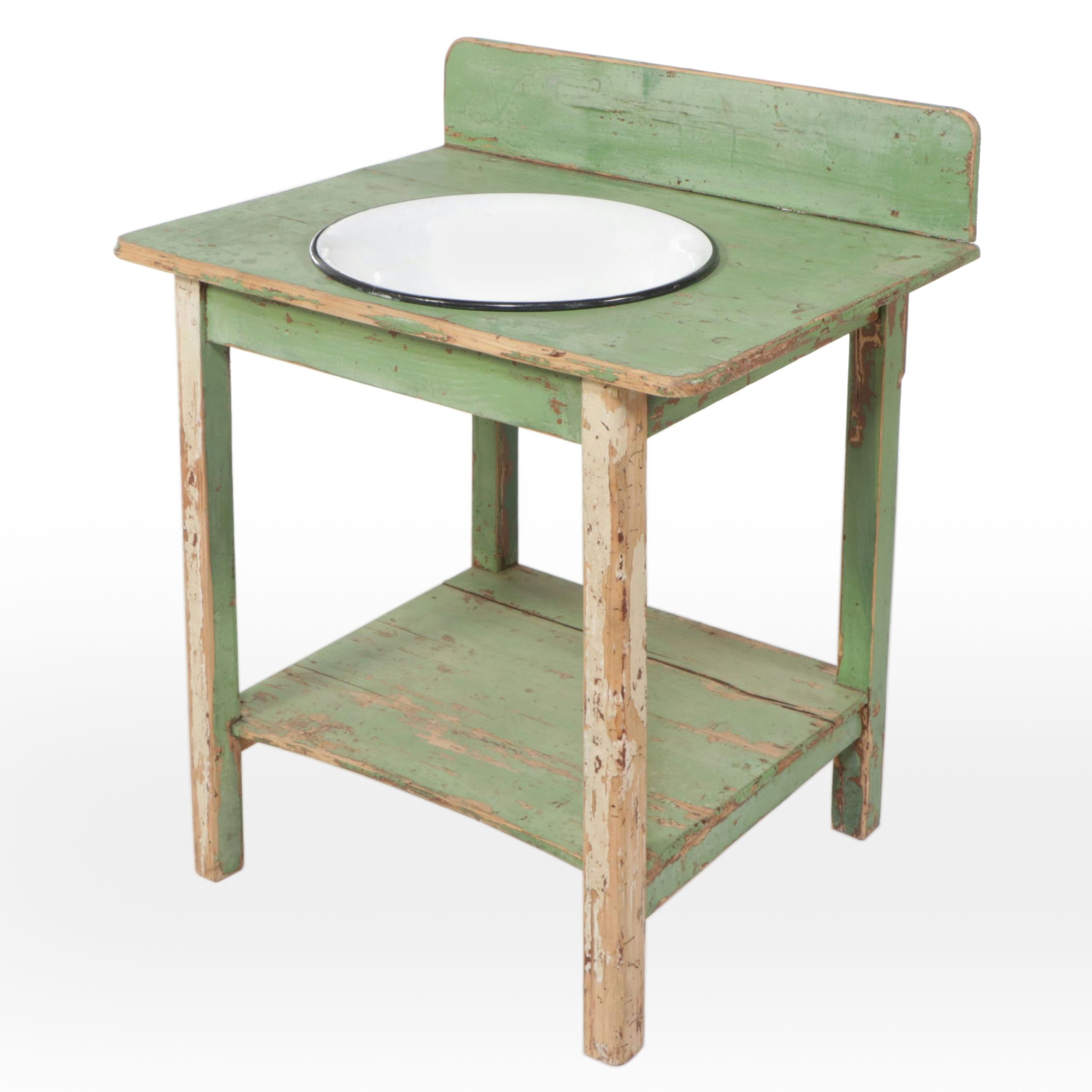 Green Painted Wood Washstand with Enamel Bowl