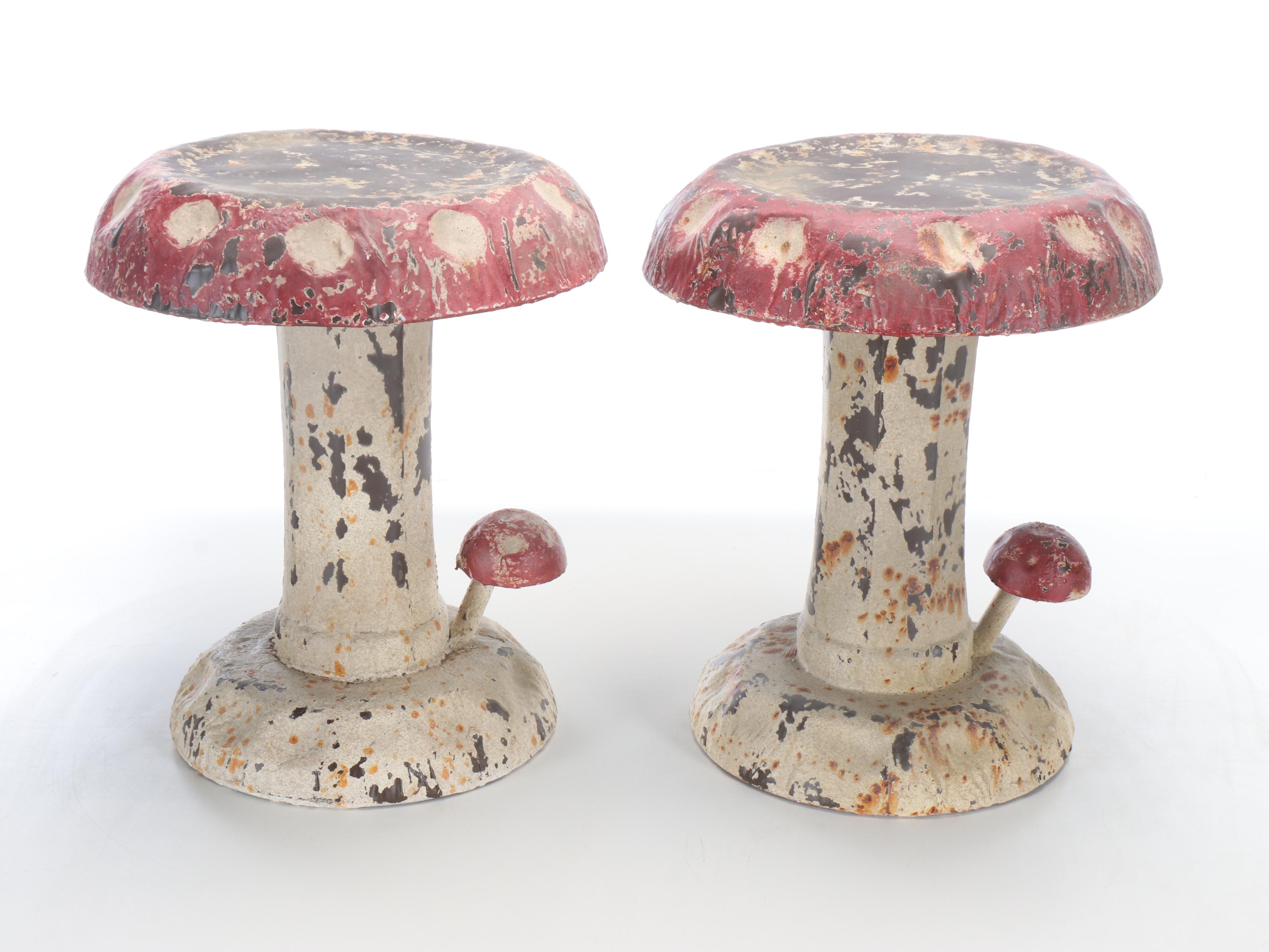 Pair of Polychrome Decorated Metal Toadstool Garden Seats