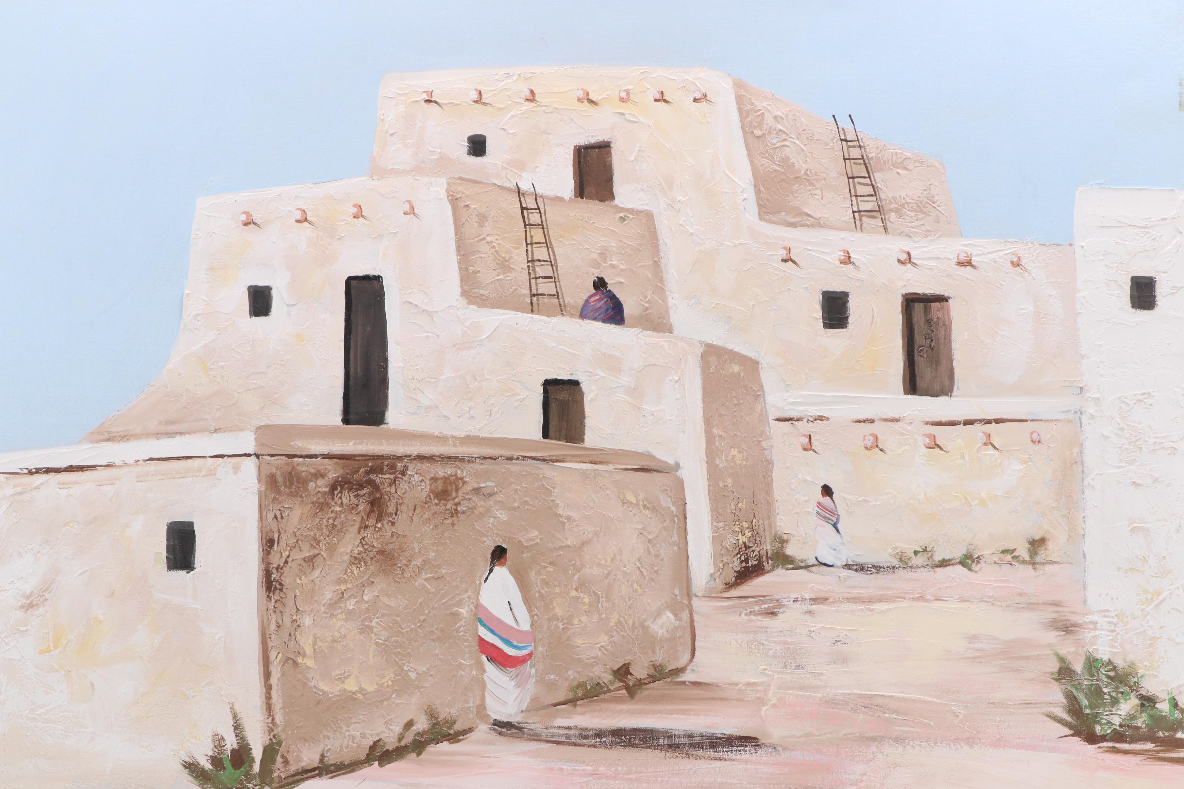 M. Hawk Large-Scale Impasto Acrylic Painting of Southwestern Pueblo Buildings