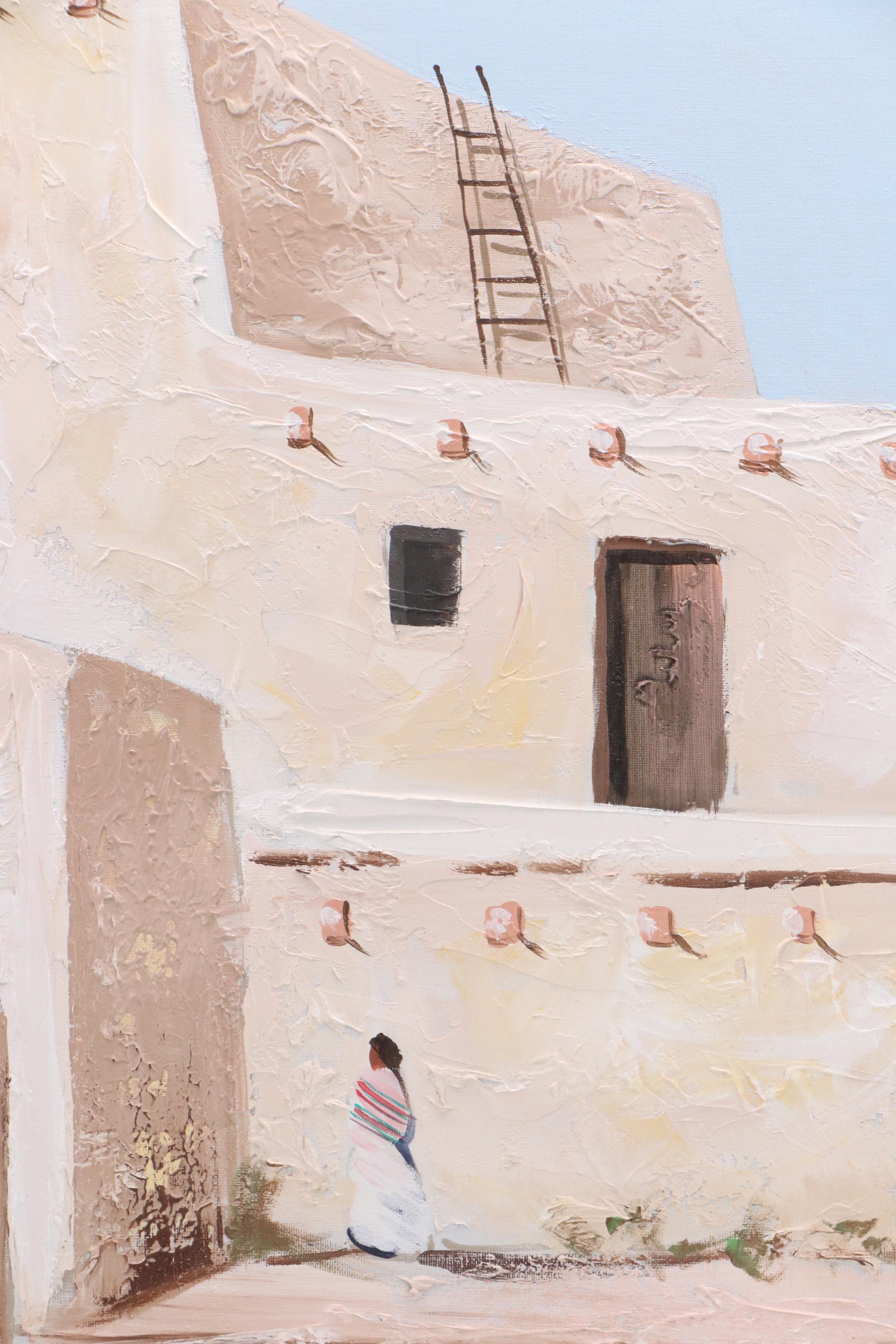 M. Hawk Large-Scale Impasto Acrylic Painting of Southwestern Pueblo Buildings