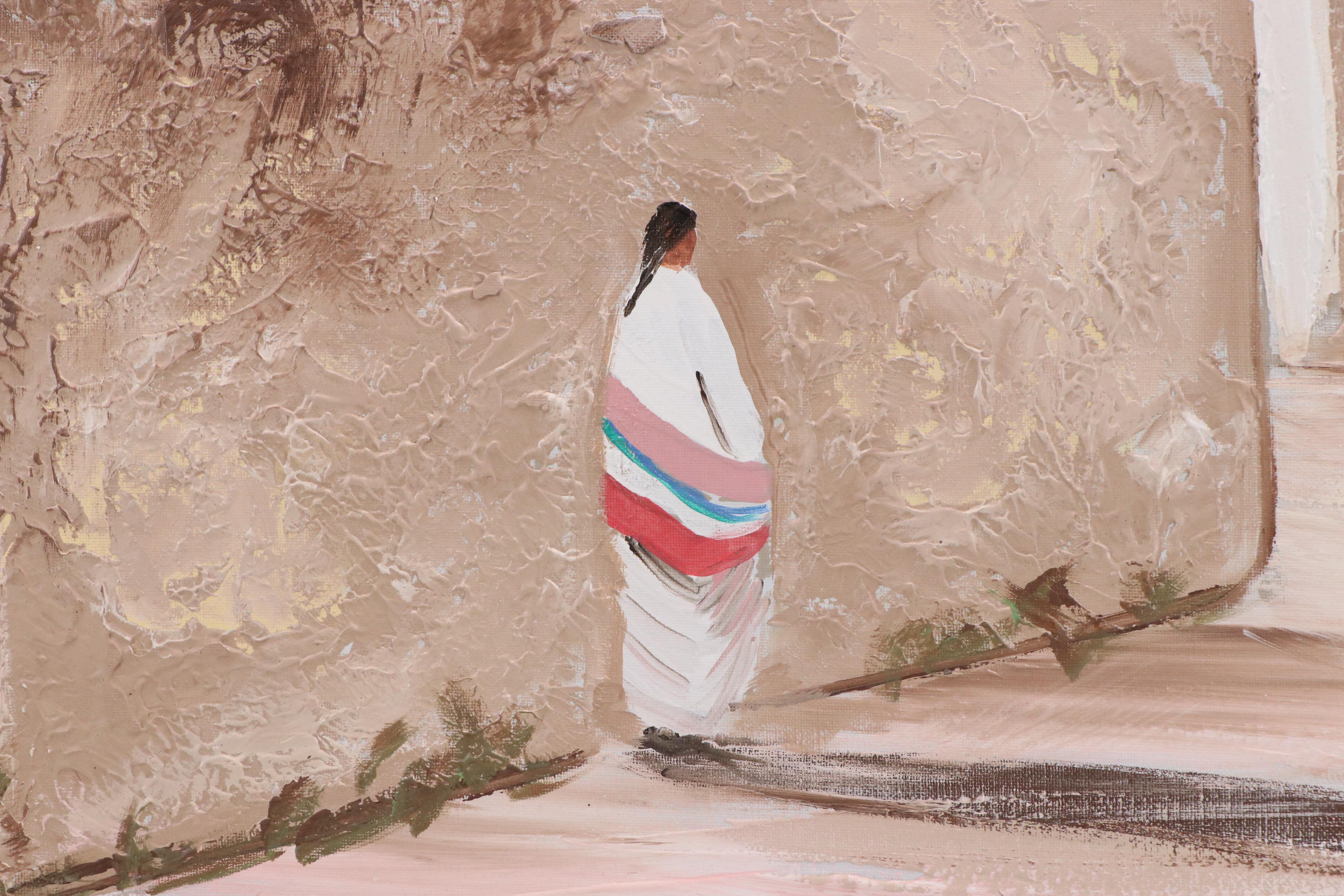 M. Hawk Large-Scale Impasto Acrylic Painting of Southwestern Pueblo Buildings