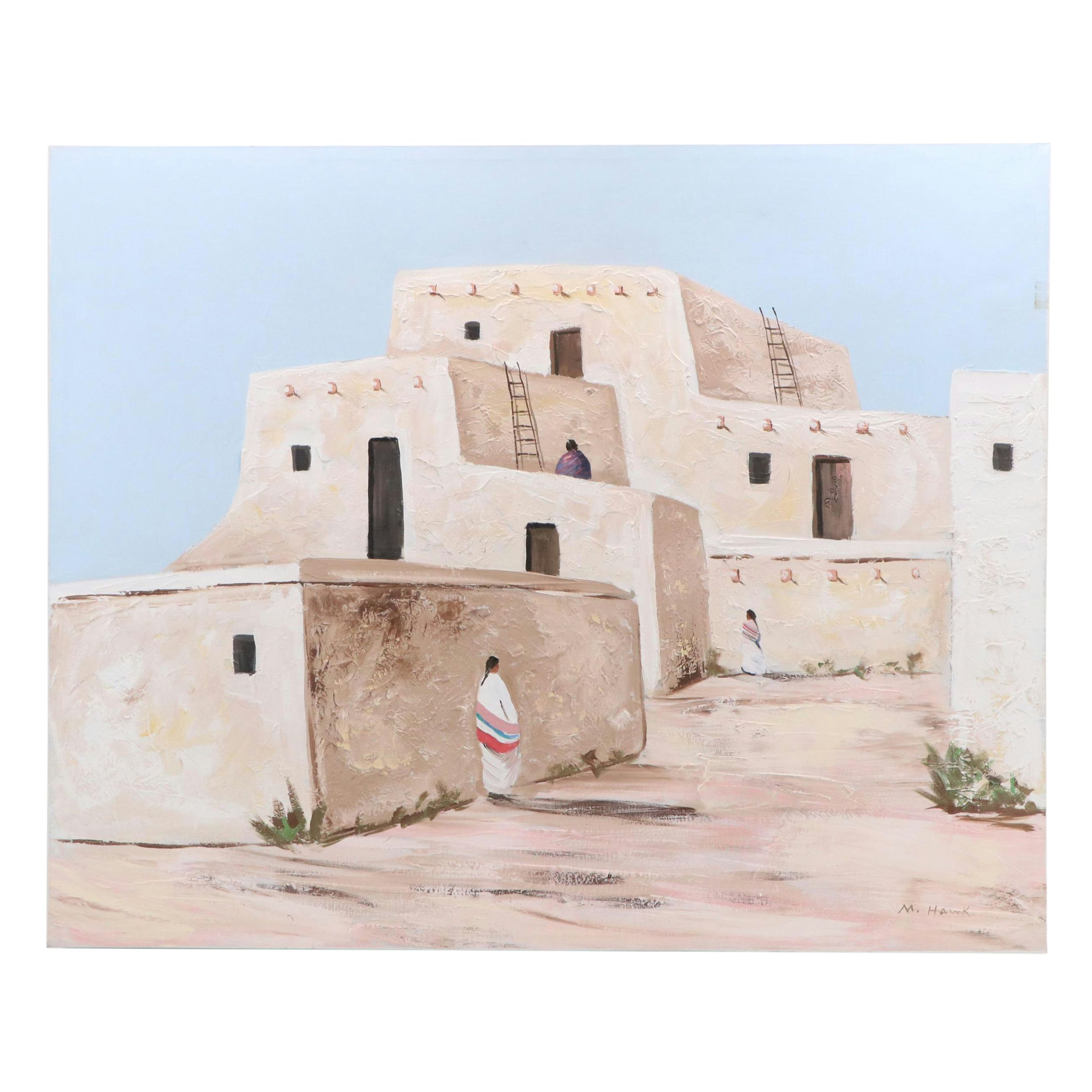 M. Hawk Large-Scale Impasto Acrylic Painting of Southwestern Pueblo Buildings