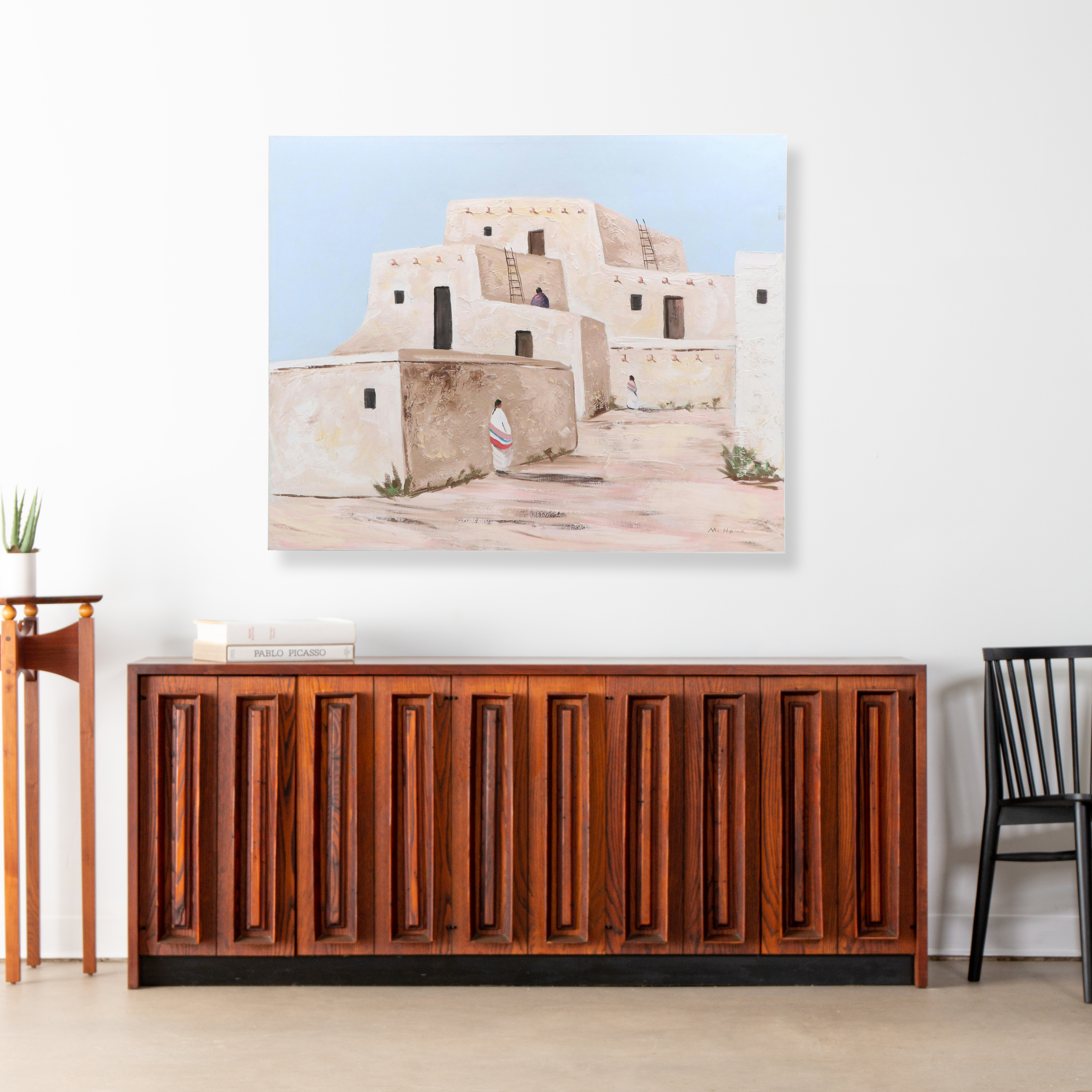 M. Hawk Large-Scale Impasto Acrylic Painting of Southwestern Pueblo Buildings