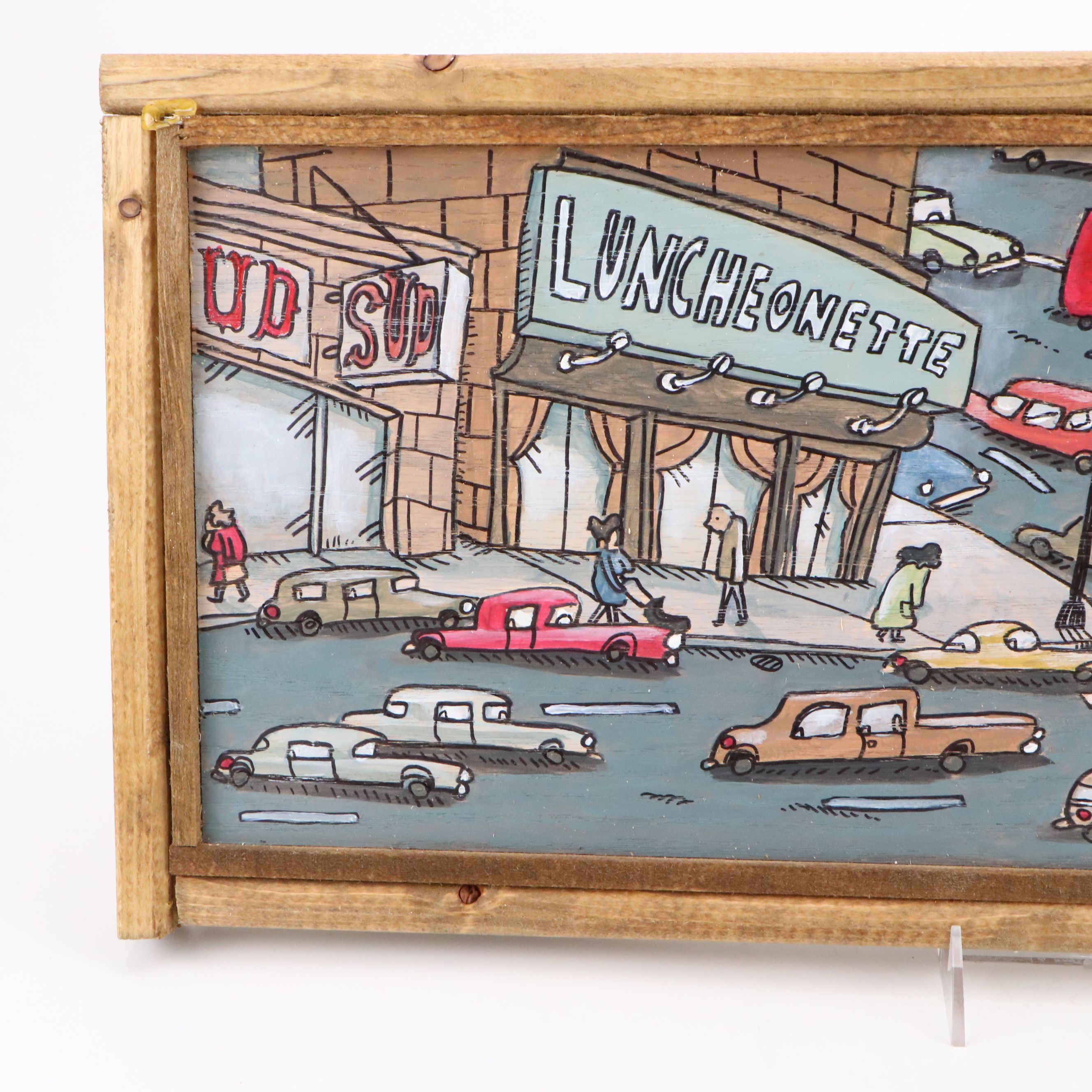 Aaron Wooten Stylized Cityscape Mixed Media Painting "The Luncheonette," 2025