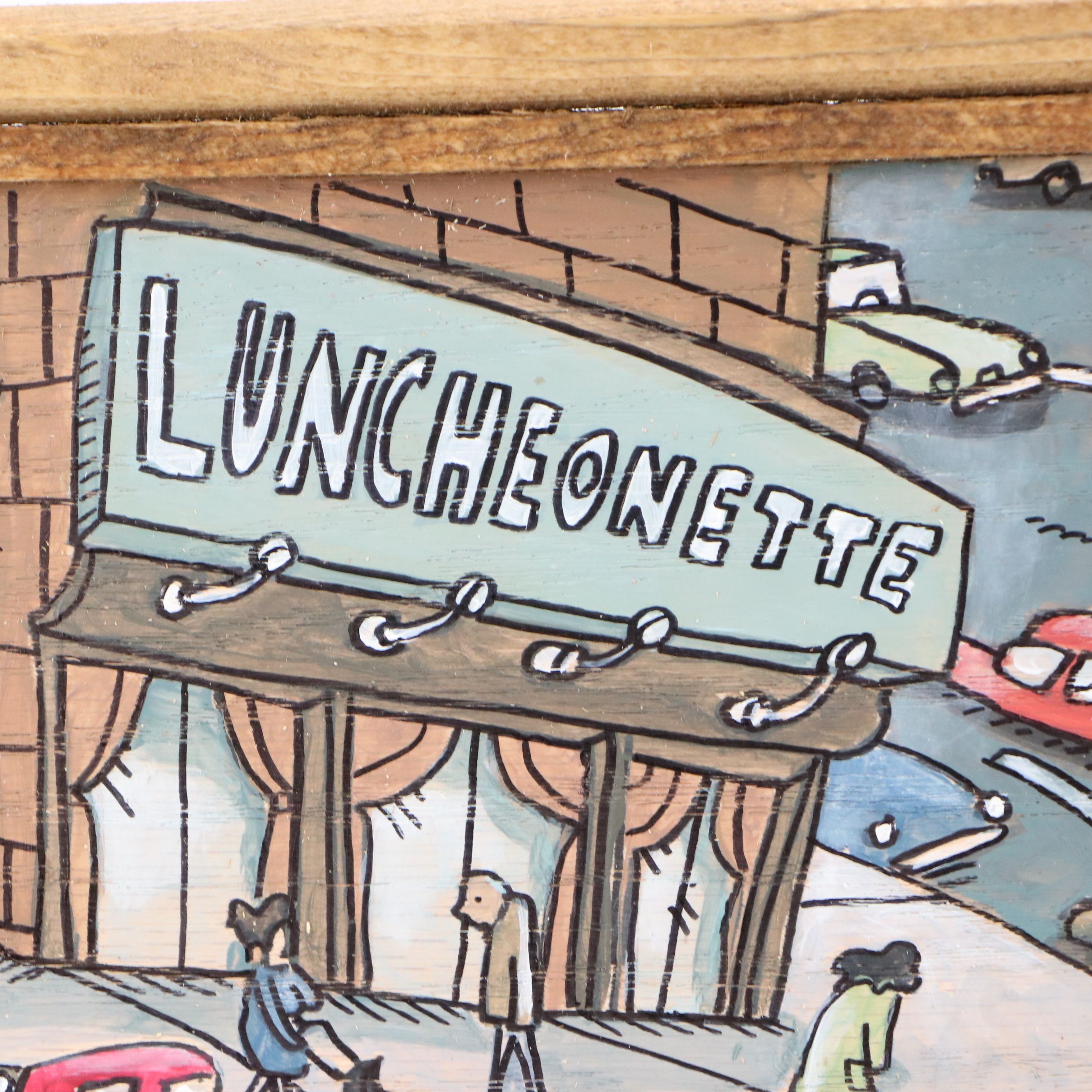 Aaron Wooten Stylized Cityscape Mixed Media Painting "The Luncheonette," 2025
