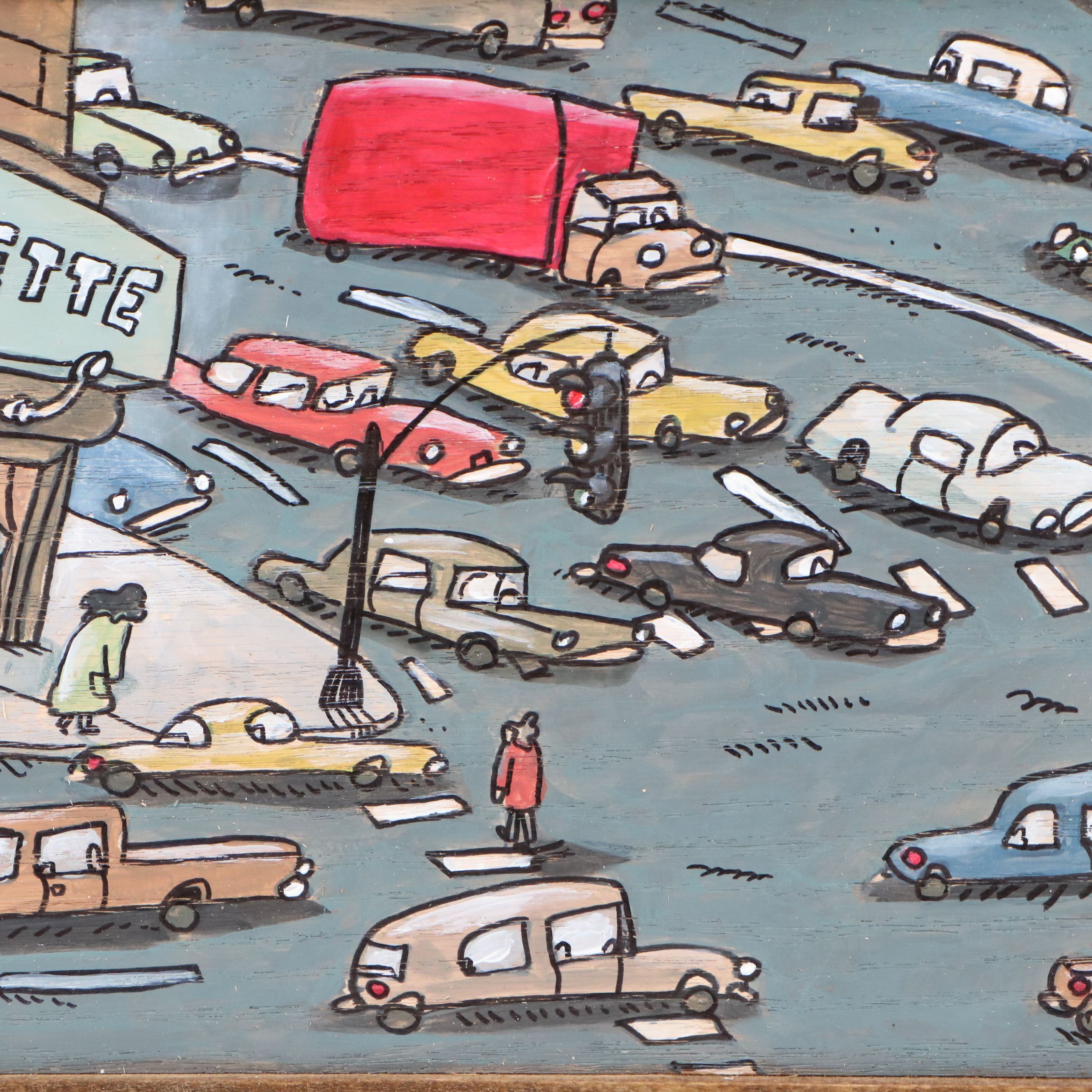 Aaron Wooten Stylized Cityscape Mixed Media Painting "The Luncheonette," 2025