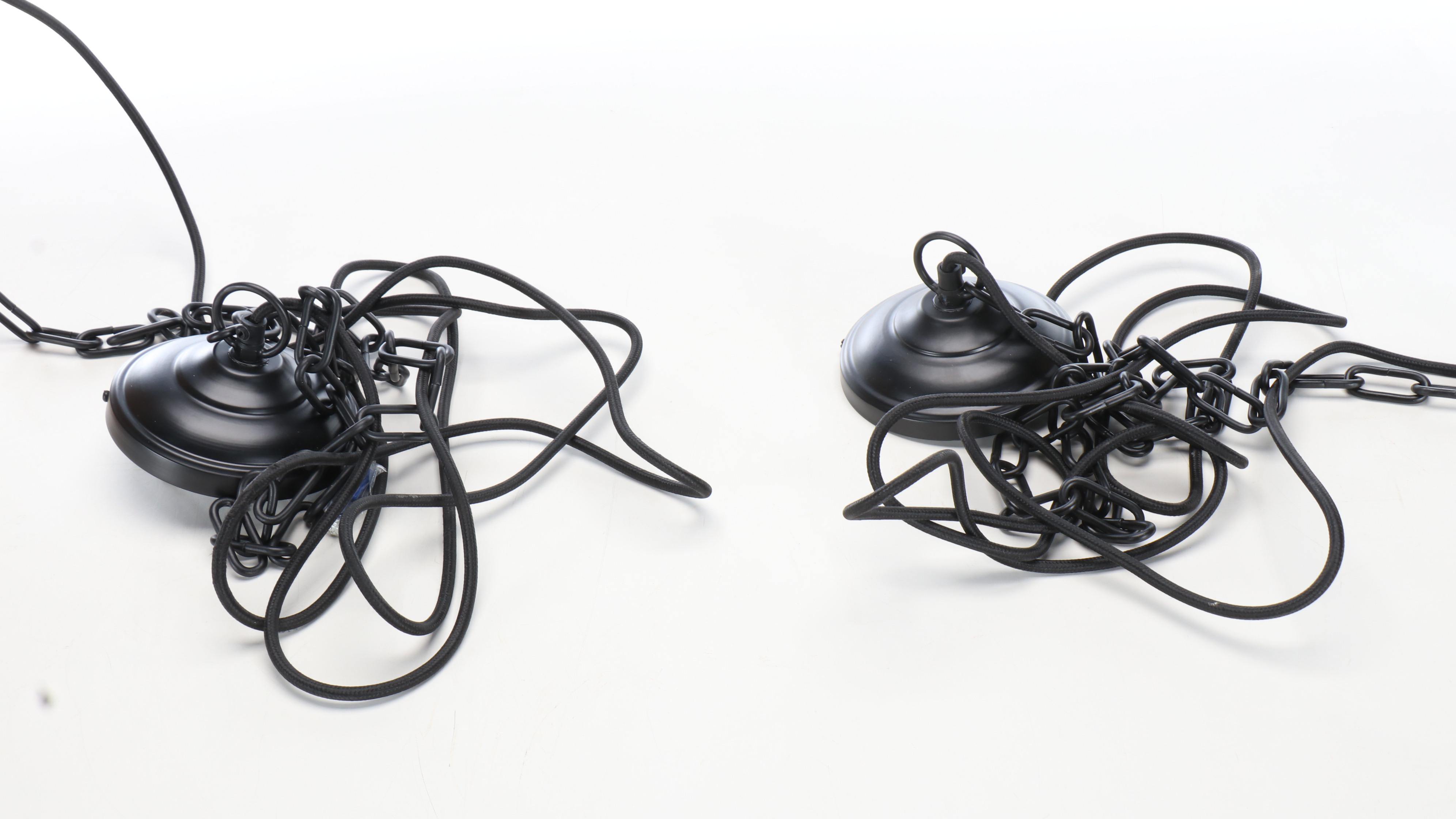 Pair of Bobo Carved Wood Stacked Ring Pendant Lights