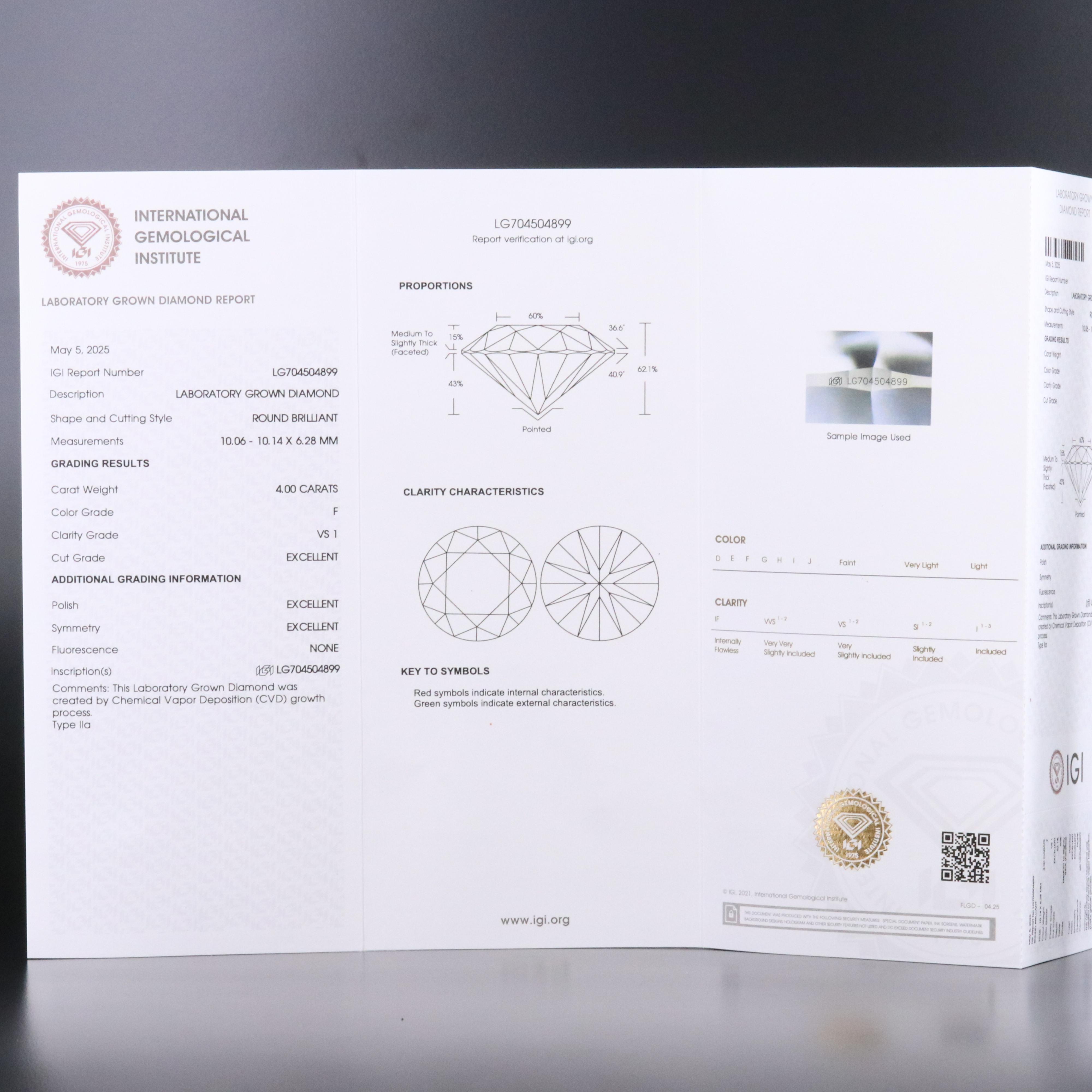 14K 4.00 CT Lab Grown Solitaire Ring with IGI Report