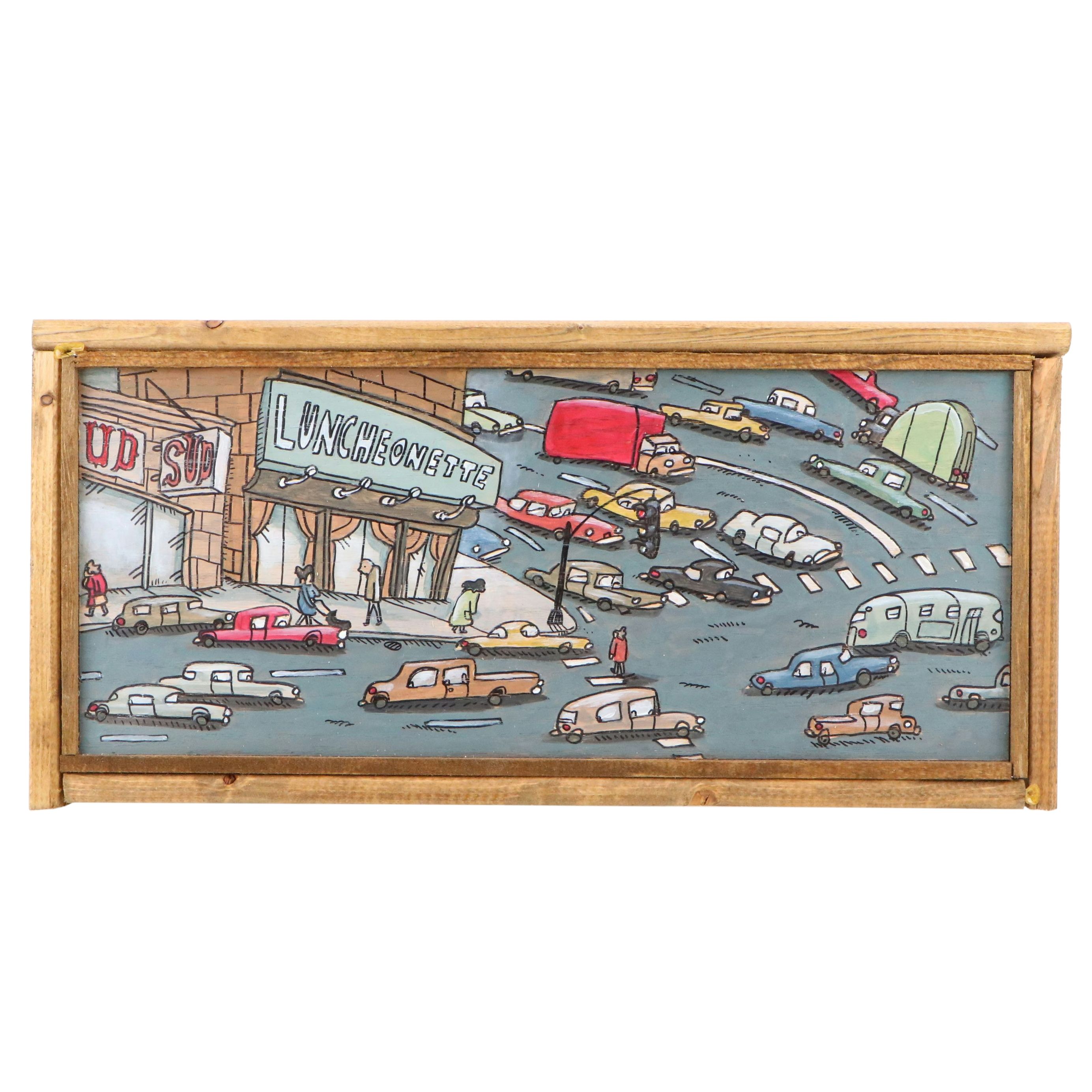 Aaron Wooten Stylized Cityscape Mixed Media Painting "The Luncheonette," 2025