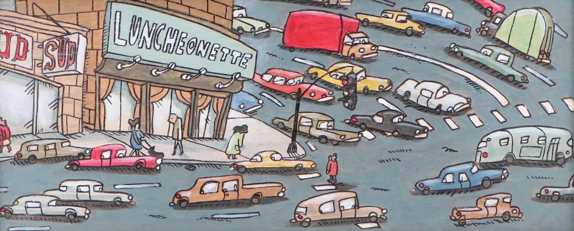 Aaron Wooten Stylized Cityscape Mixed Media Painting "The Luncheonette," 2025