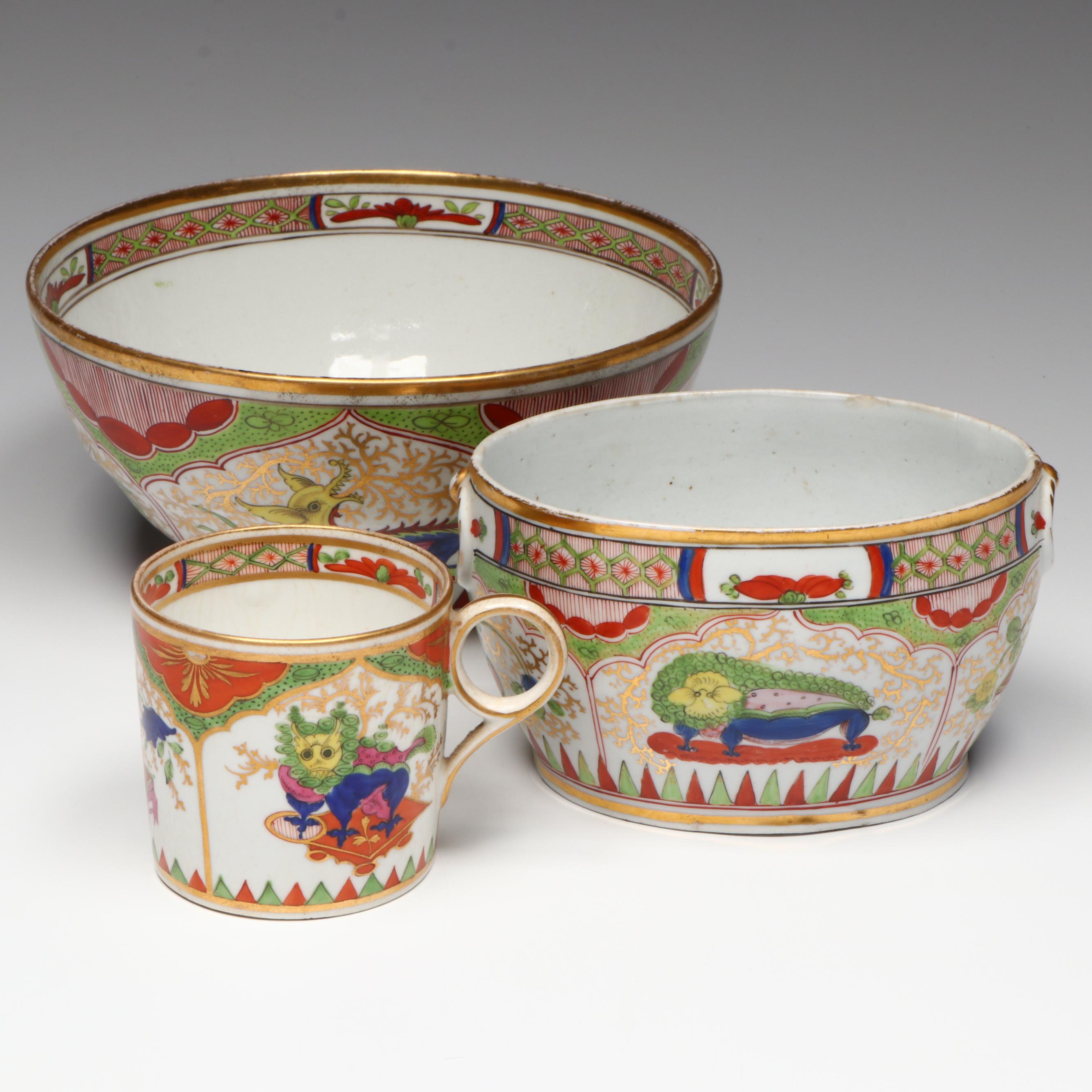 Chamberlain Worcester "Dragon in Compartment" English Porcelain Bowls and Cup