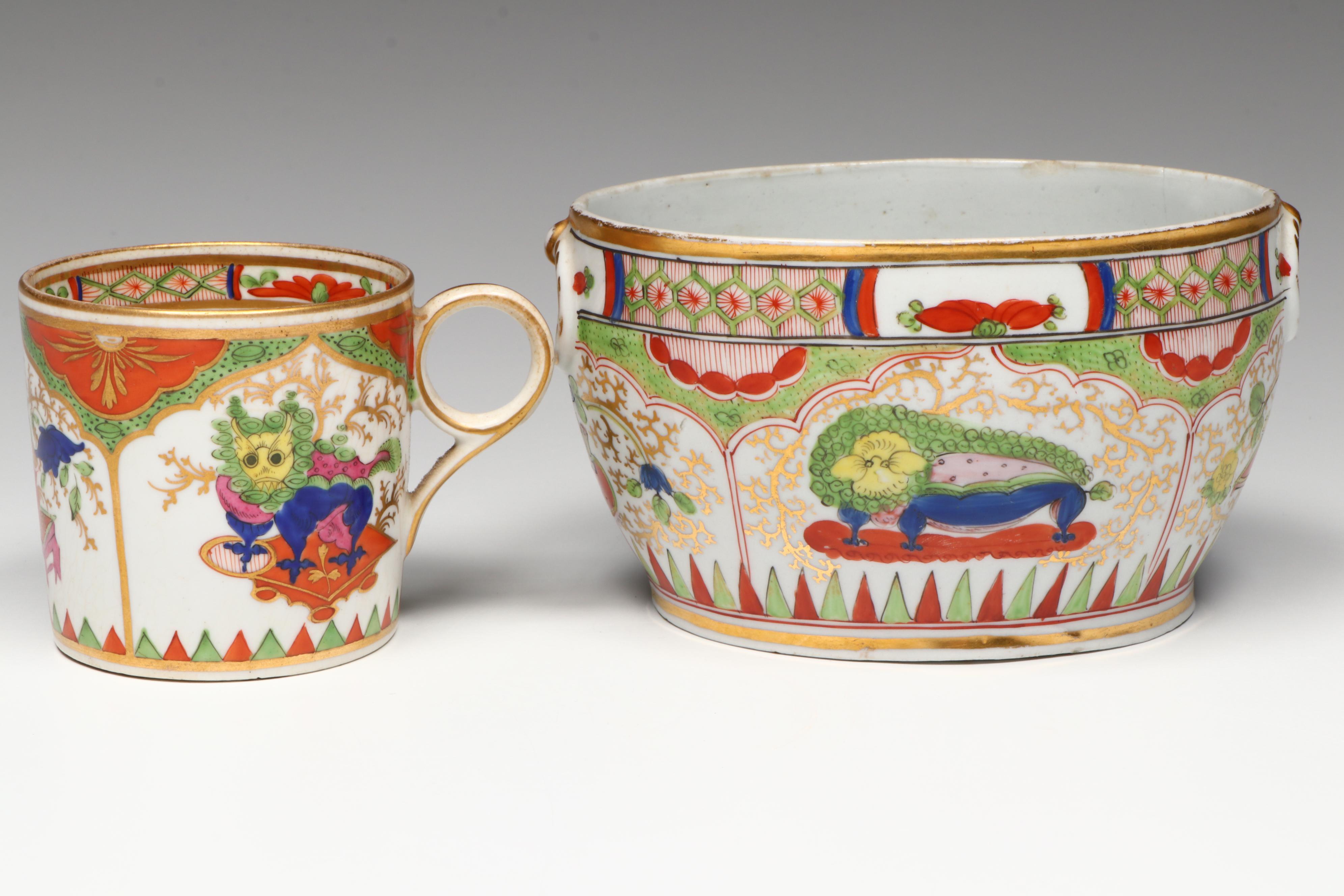 Chamberlain Worcester "Dragon in Compartment" English Porcelain Bowls and Cup