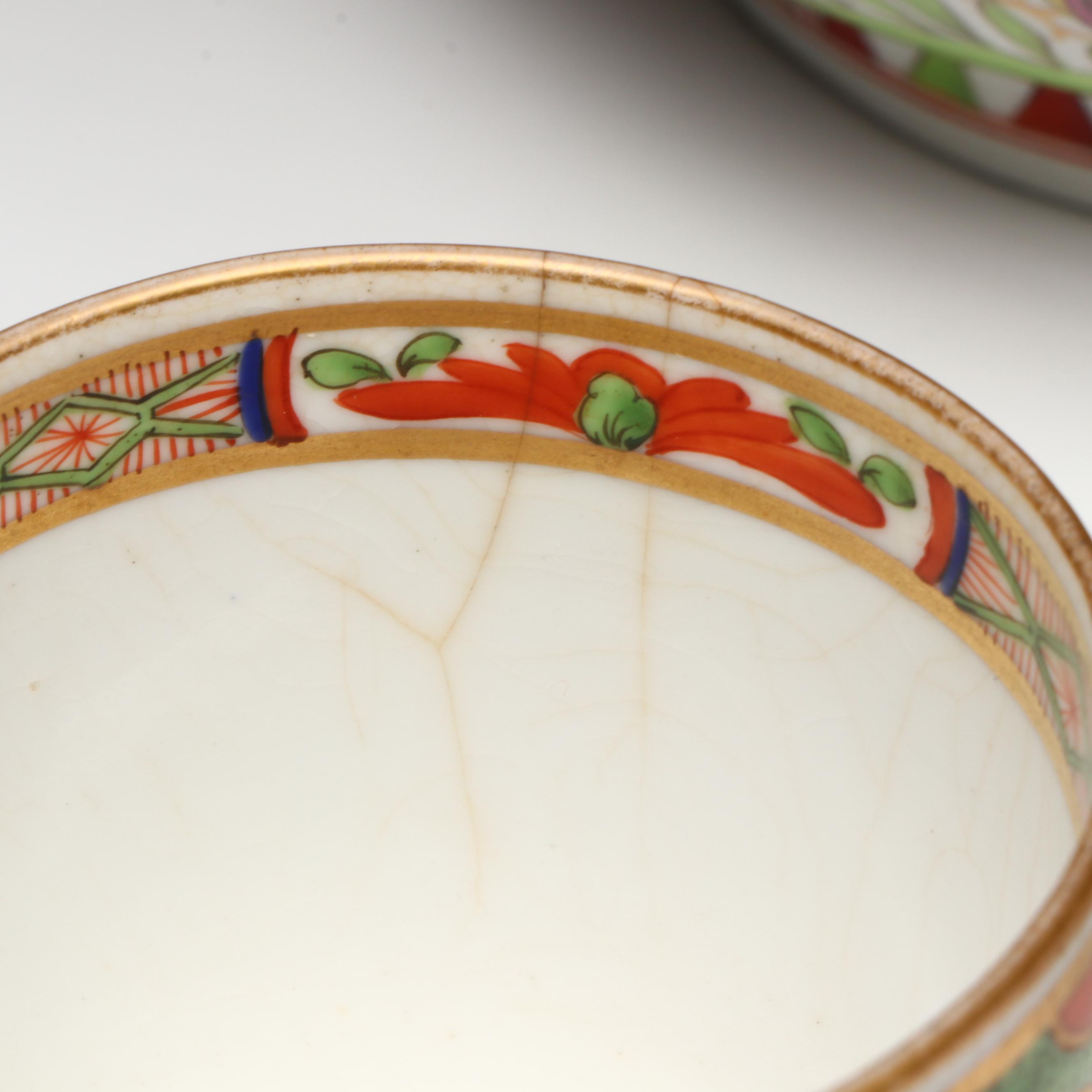 Chamberlain Worcester "Dragon in Compartment" English Porcelain Bowls and Cup