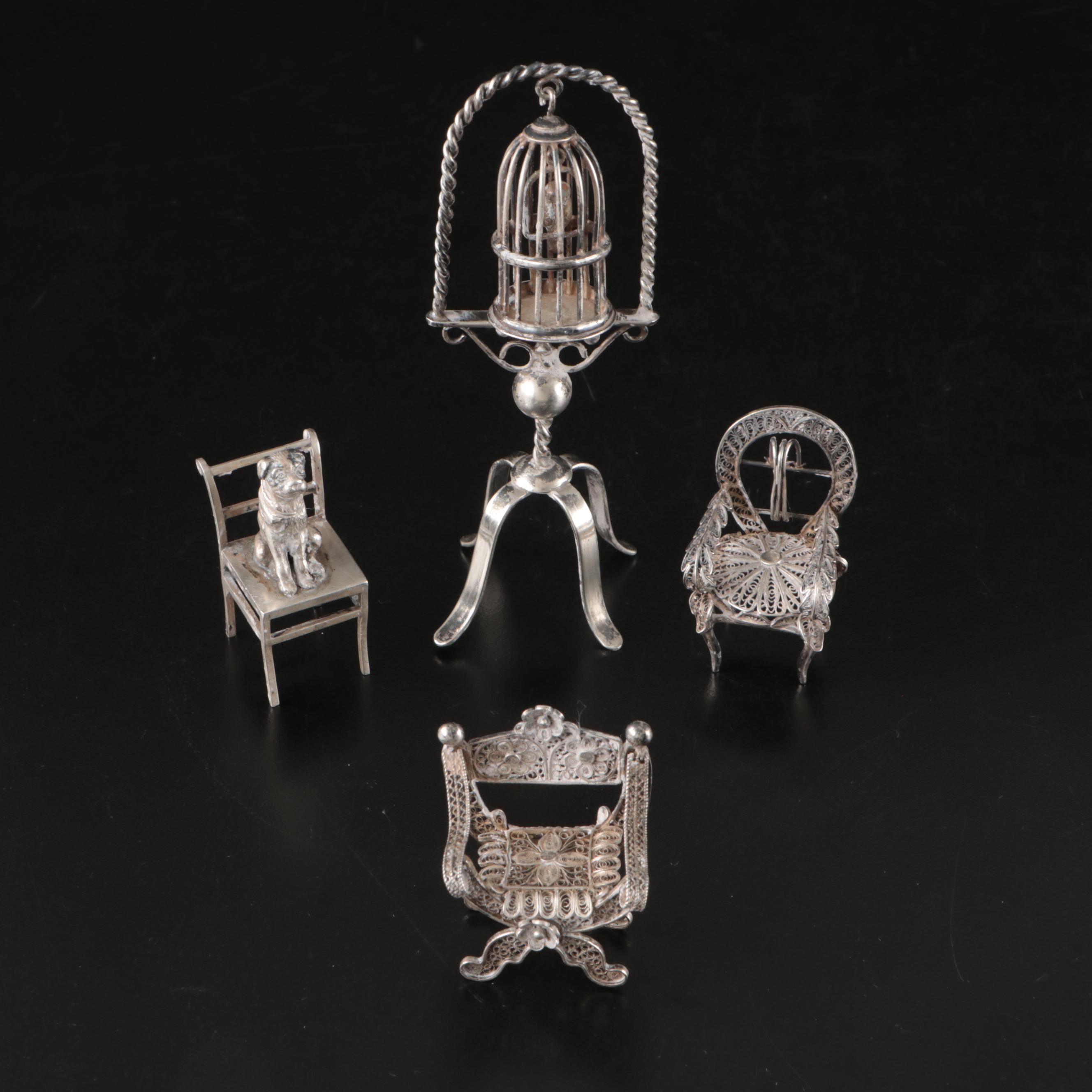 Miniature Sterling Silver Birdcage and Chair Figurines