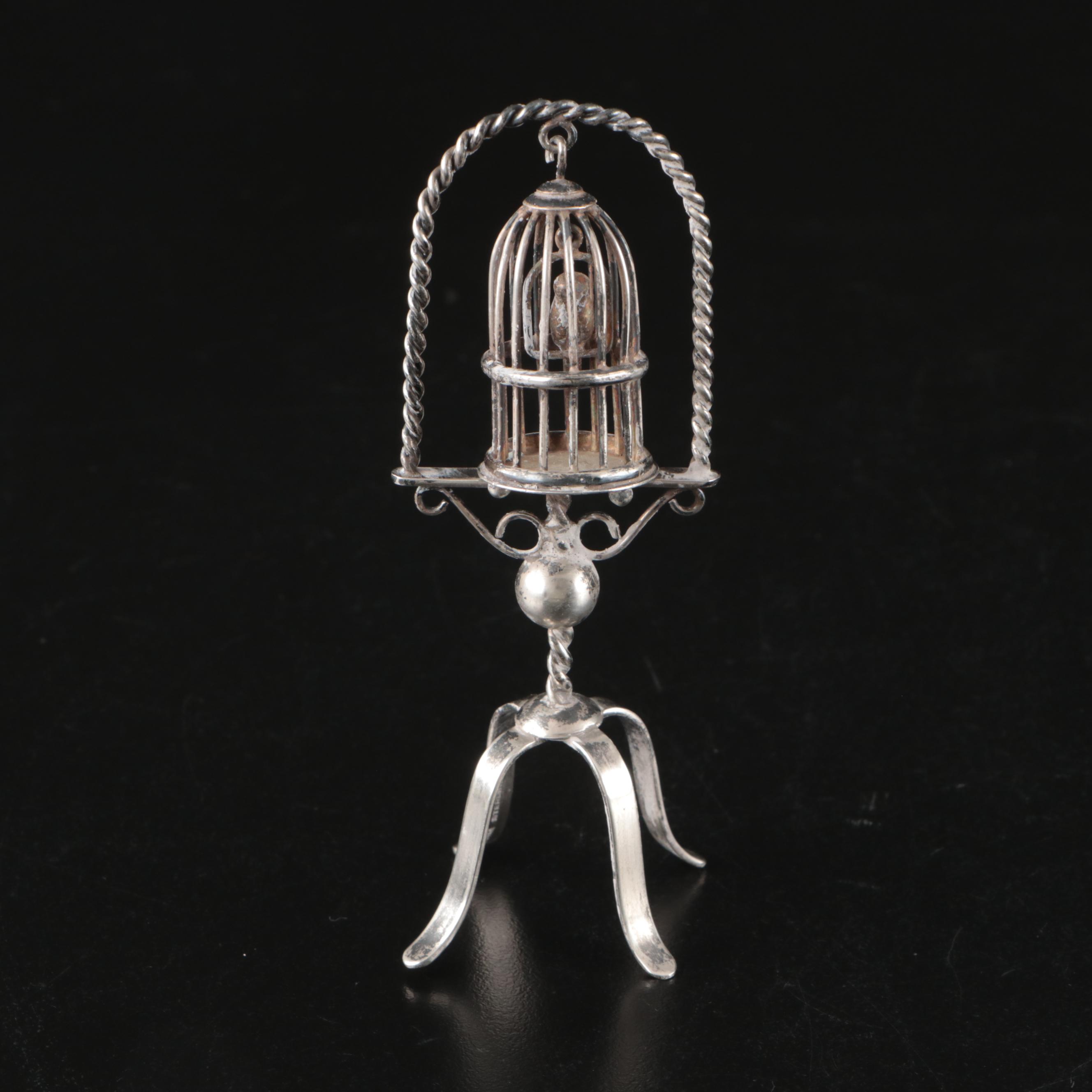 Miniature Sterling Silver Birdcage and Chair Figurines
