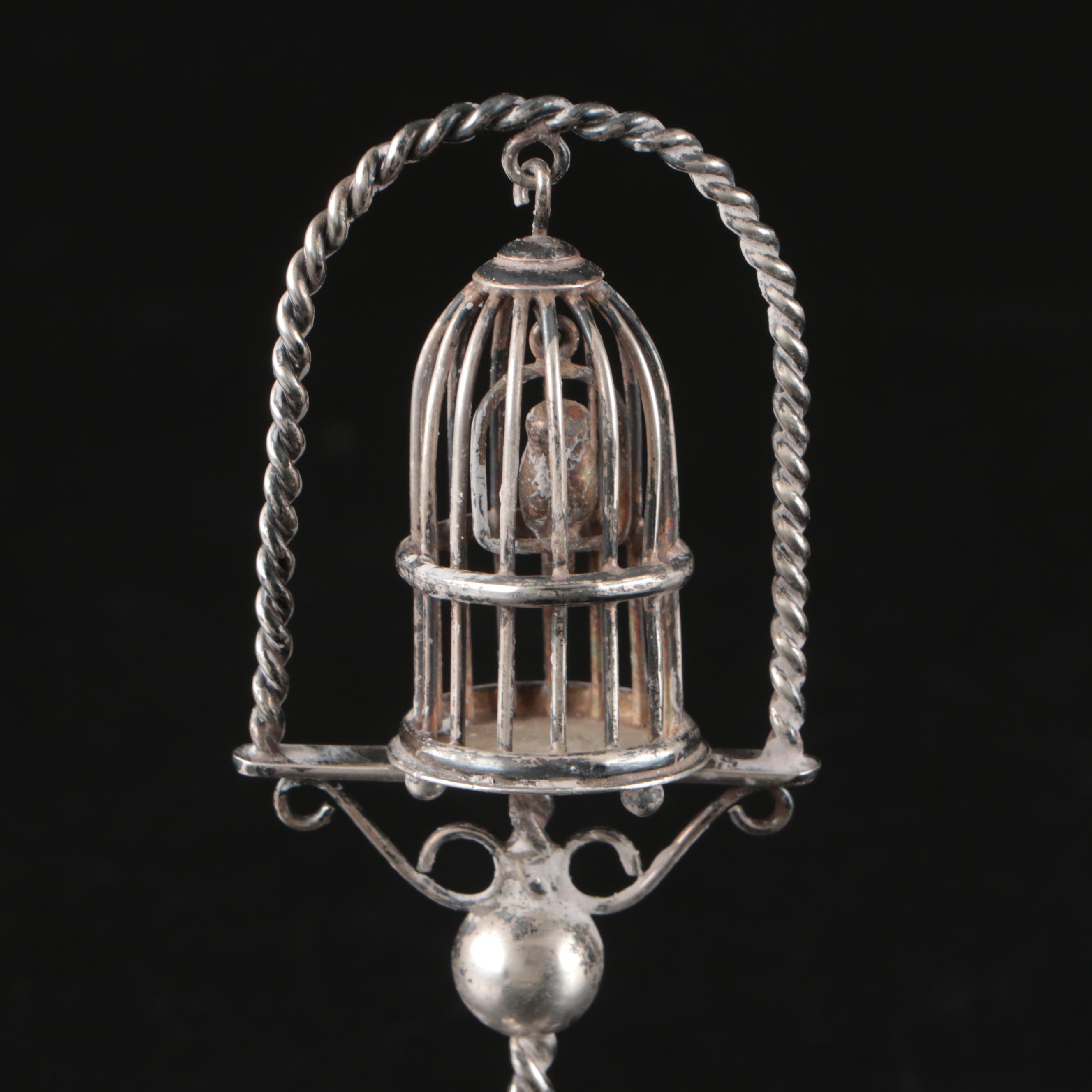 Miniature Sterling Silver Birdcage and Chair Figurines