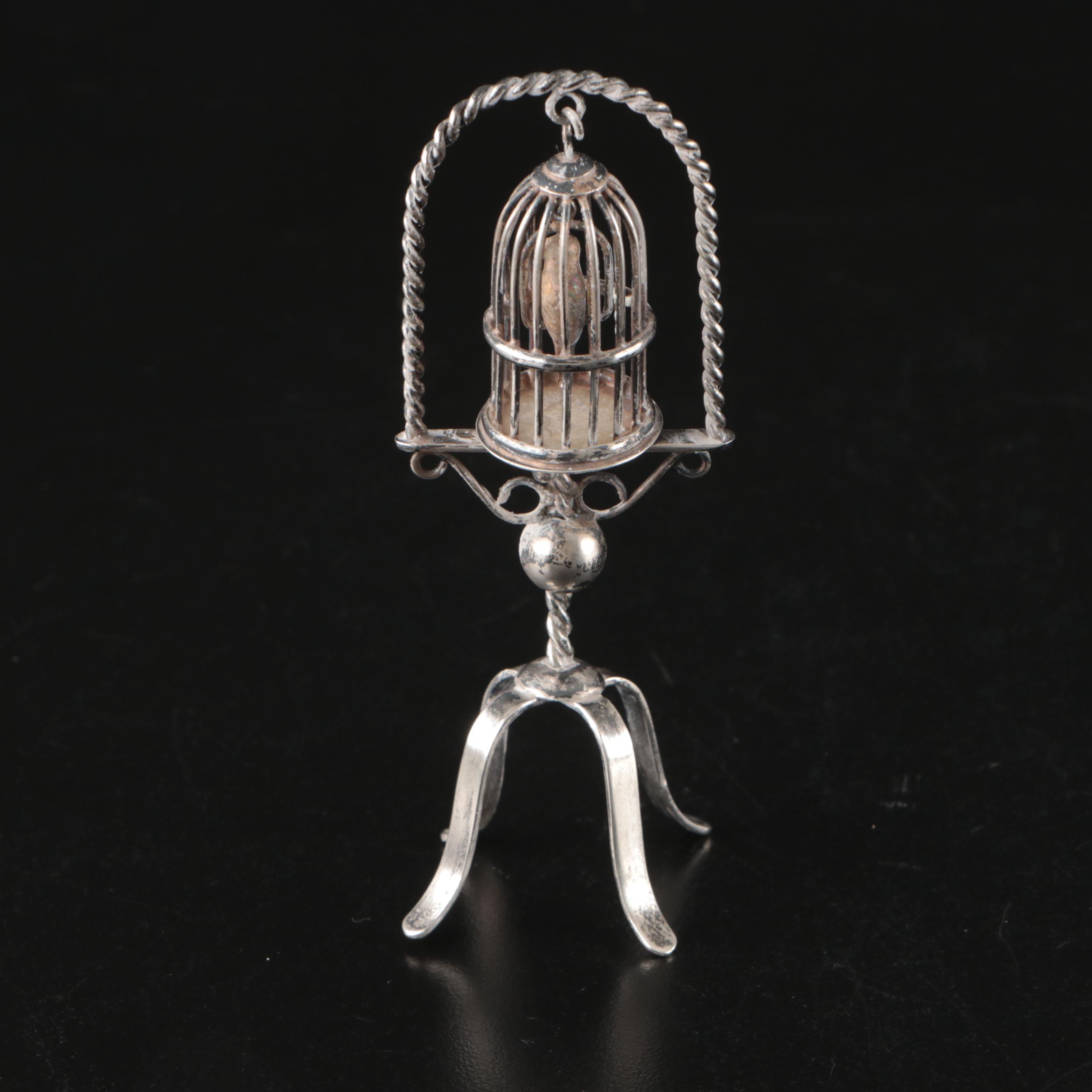 Miniature Sterling Silver Birdcage and Chair Figurines