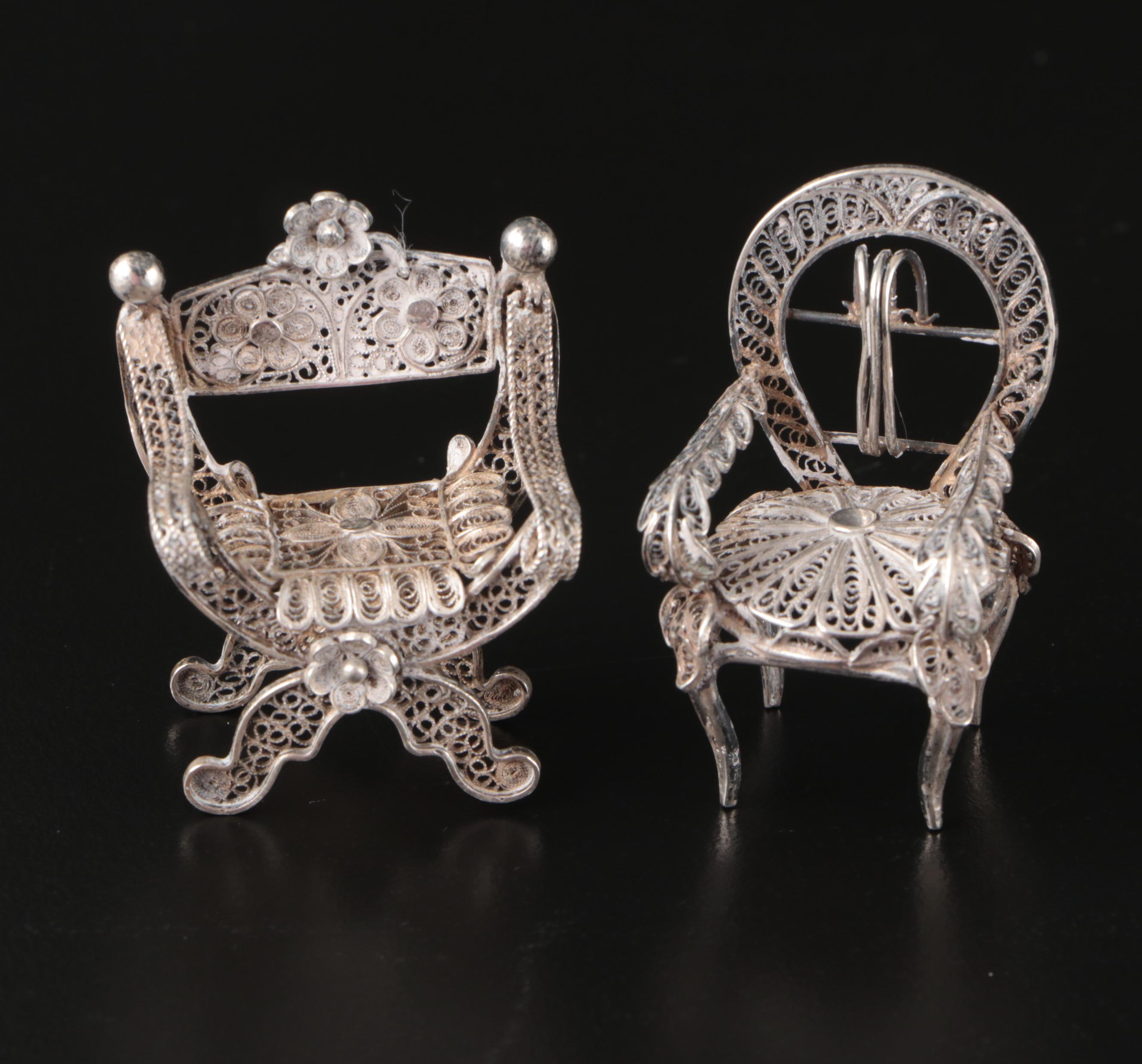 Miniature Sterling Silver Birdcage and Chair Figurines