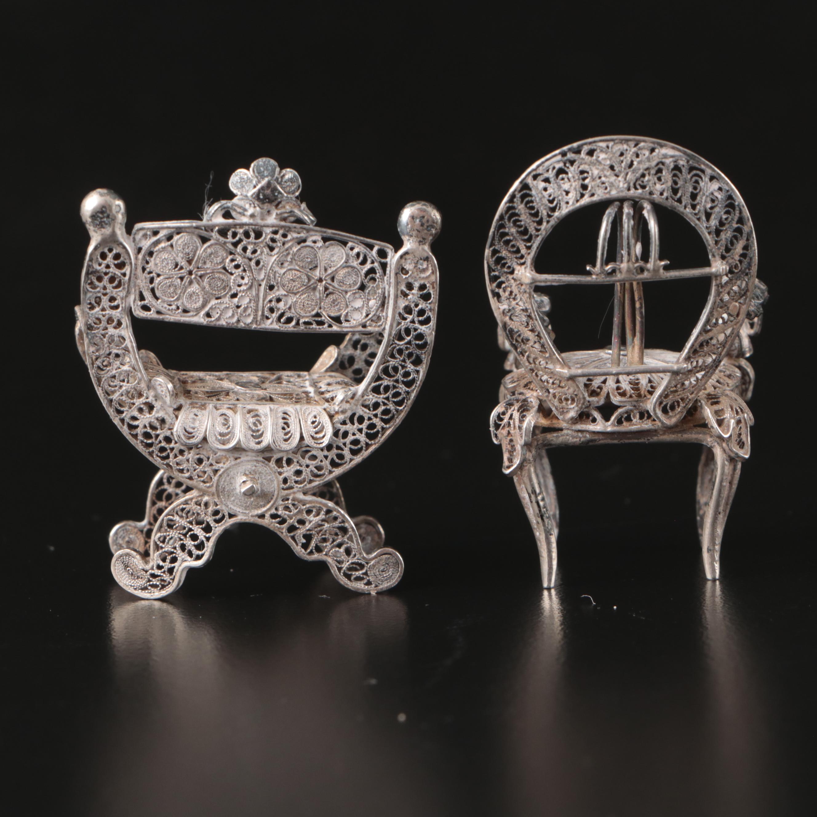 Miniature Sterling Silver Birdcage and Chair Figurines
