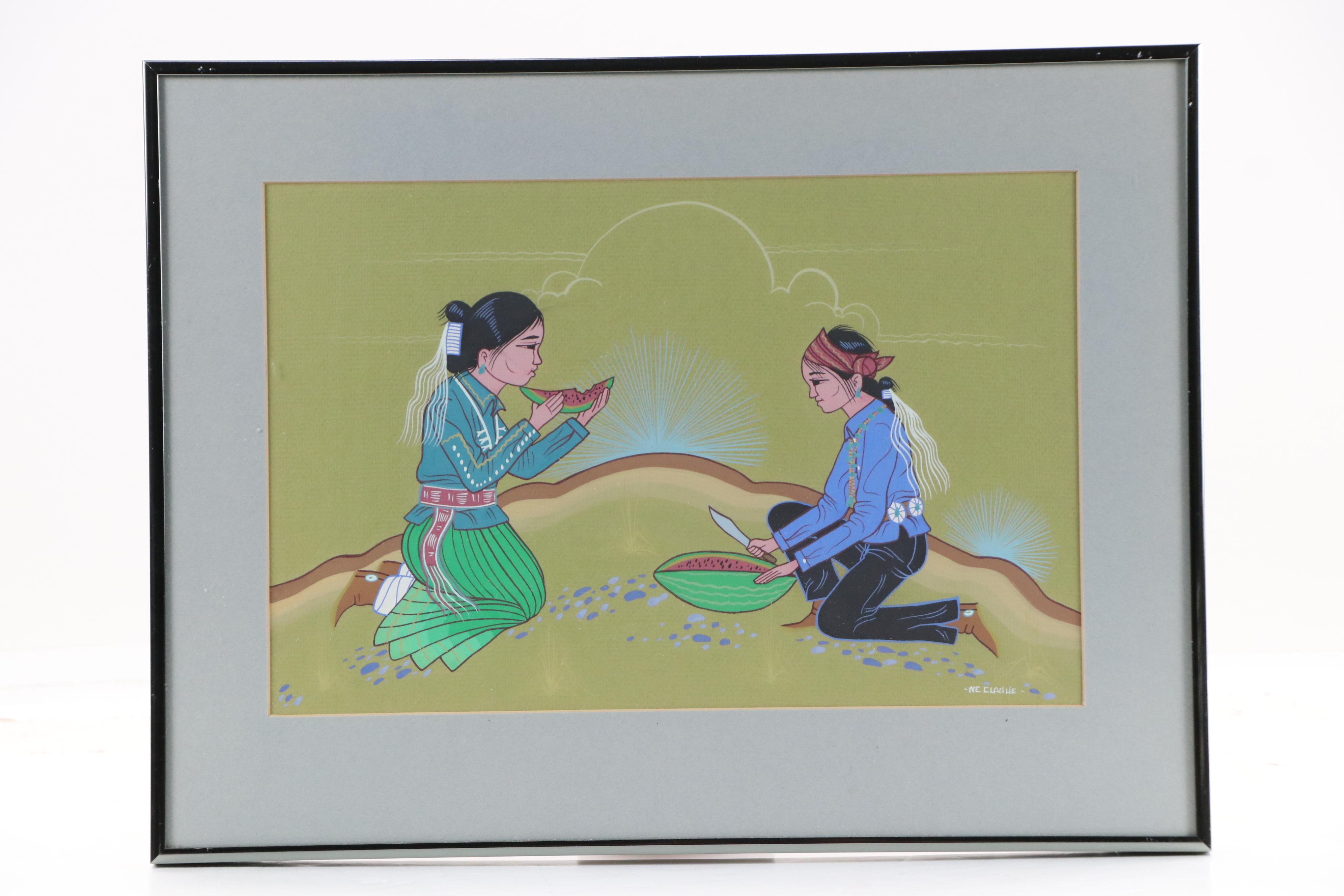 Ne Clah He Paintings of Seated Navajo Eating Watermelon and Sand Painting