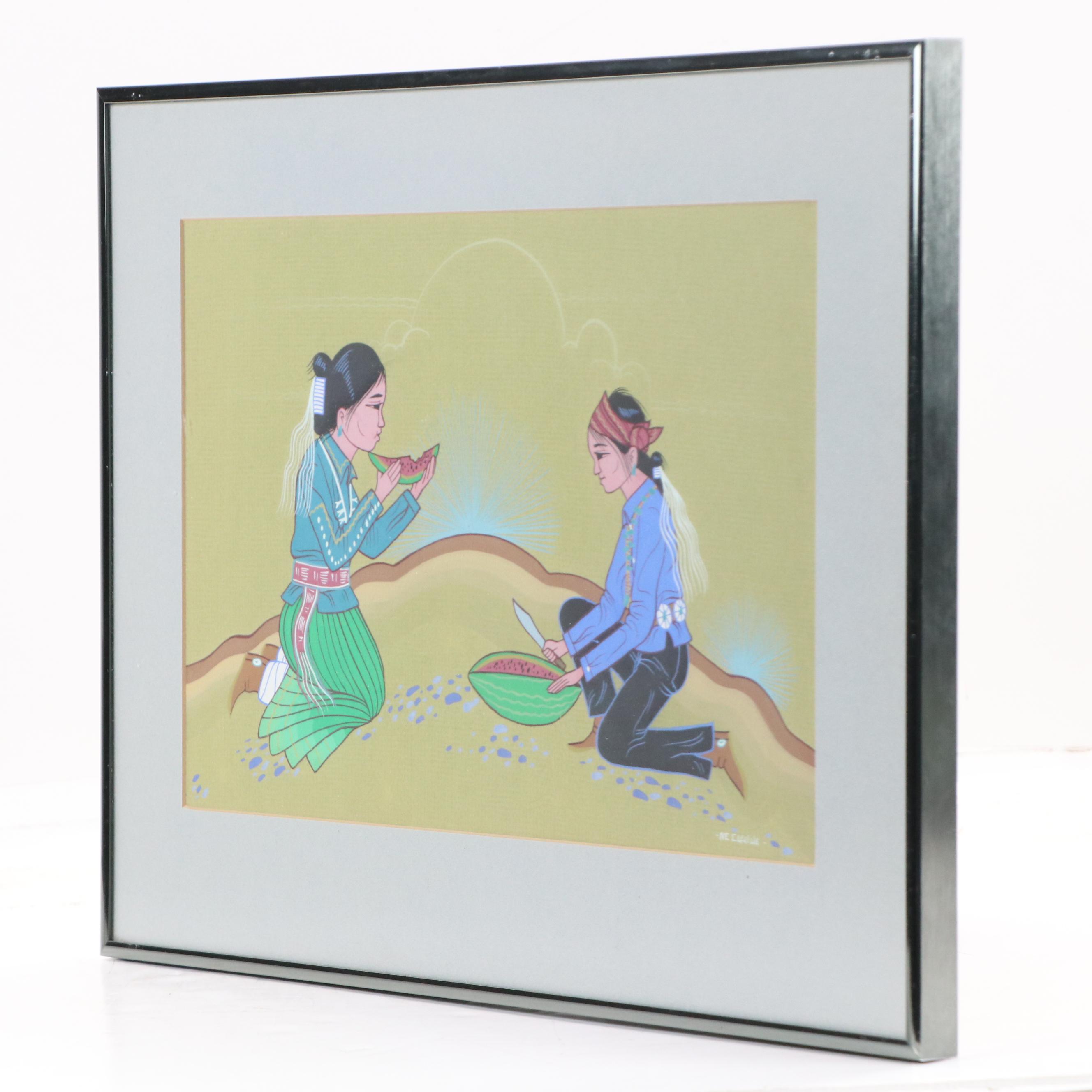 Ne Clah He Paintings of Seated Navajo Eating Watermelon and Sand Painting