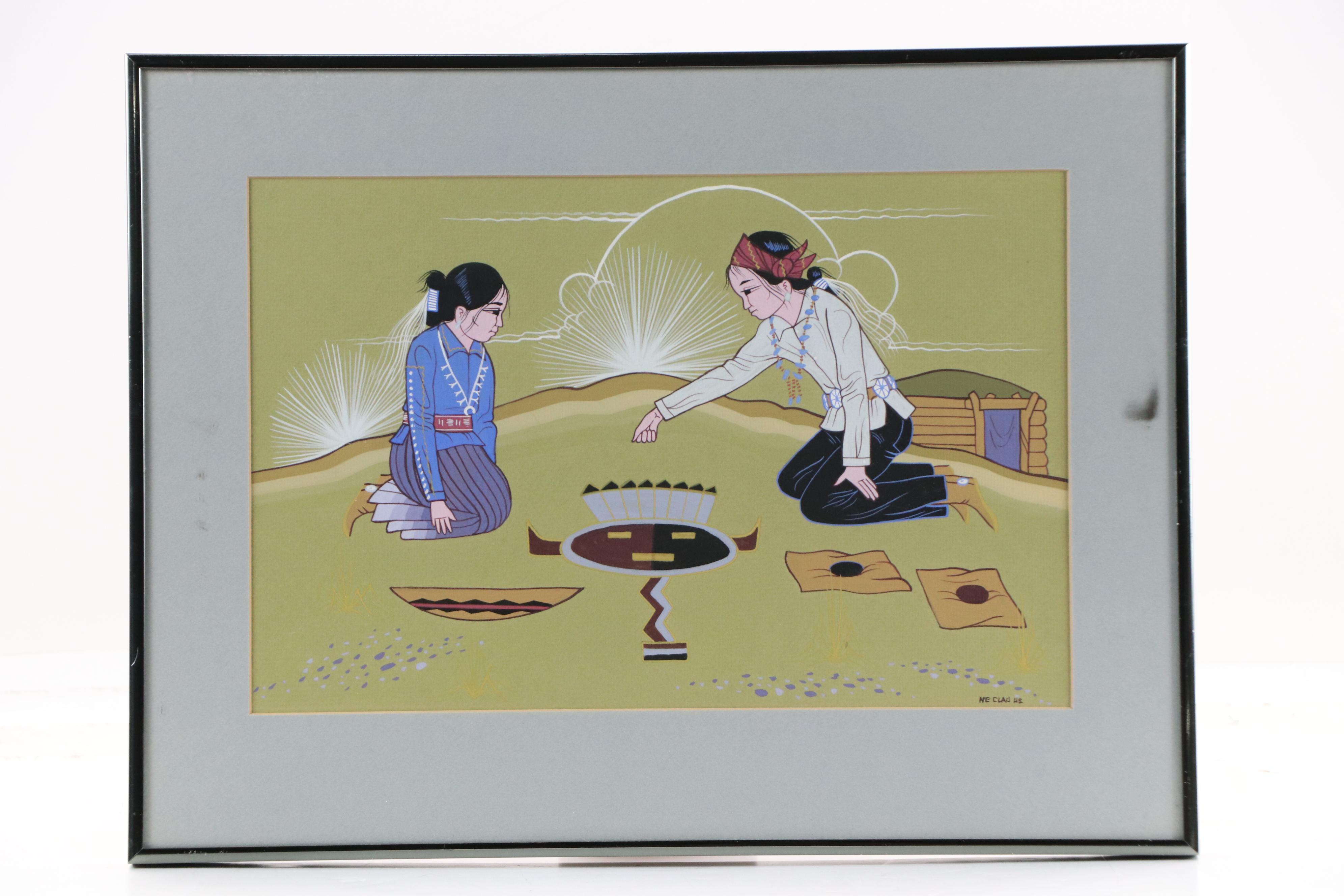 Ne Clah He Paintings of Seated Navajo Eating Watermelon and Sand Painting