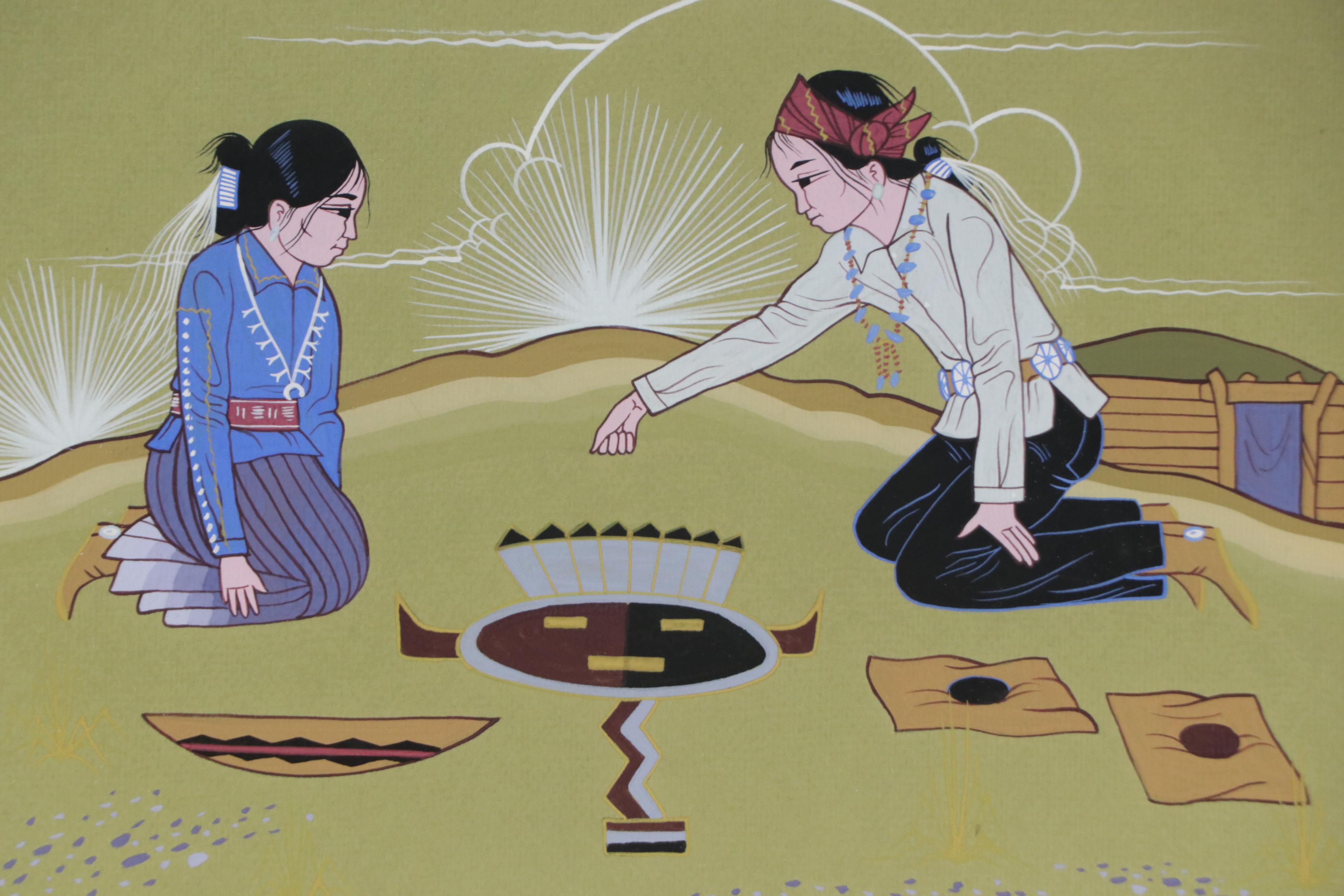 Ne Clah He Paintings of Seated Navajo Eating Watermelon and Sand Painting