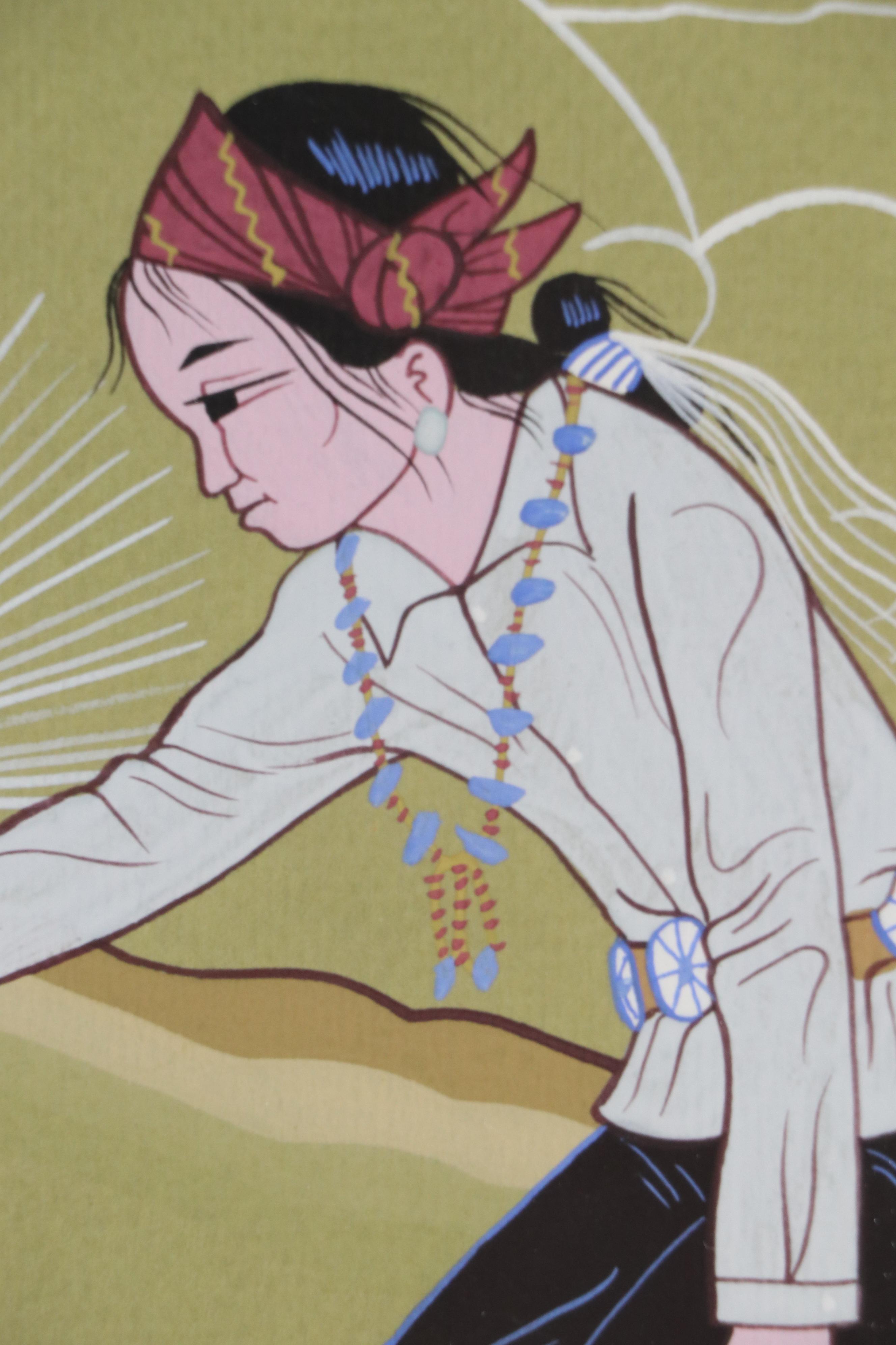 Ne Clah He Paintings of Seated Navajo Eating Watermelon and Sand Painting