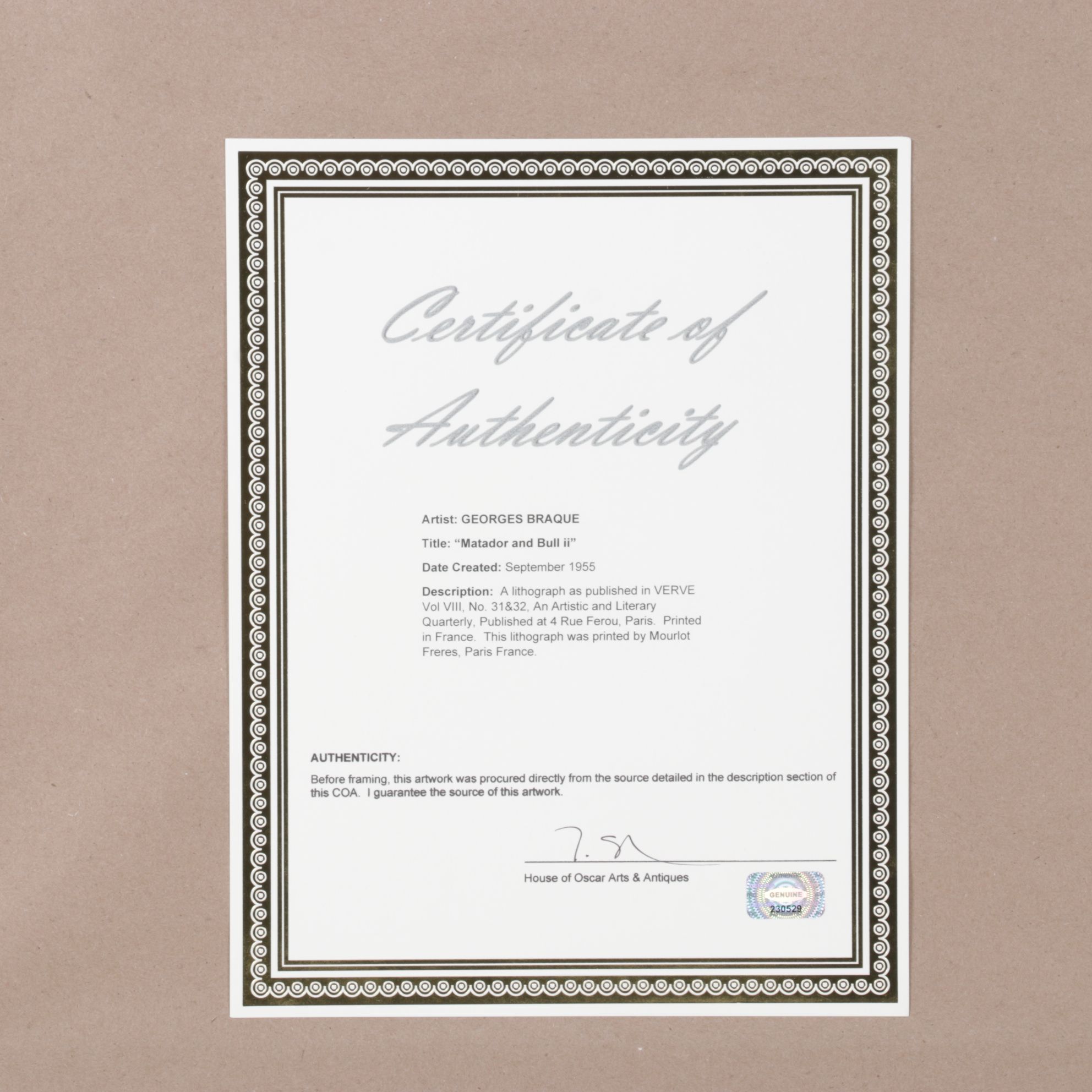 Color Lithograph After Georges Braque "Matador and Bull II", 1955